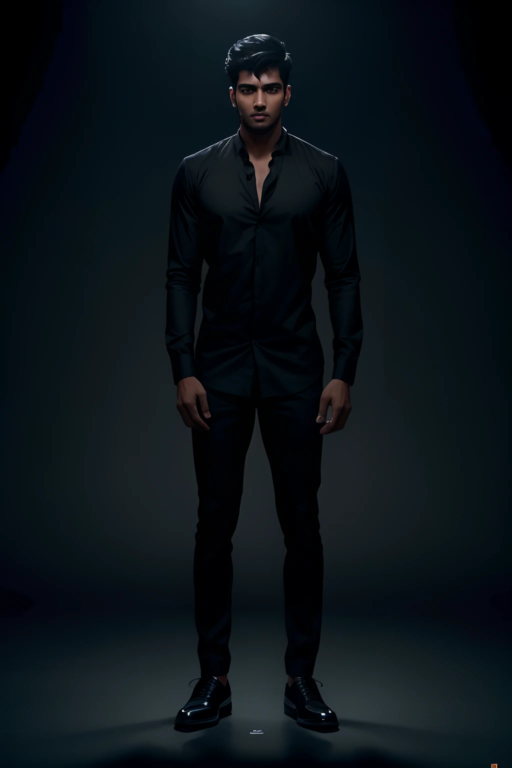 A 23 year old handsome fair Indian man, fair, standing at one place with eyes wide open looking at the viewer, wearing shoes, shocked, wearing black shirt, mood lighting, dark background, black background, hyper realistic photo, cinematic photo, 8k render, wide shot, (((full body shot))), ((shocked expression)), facial light