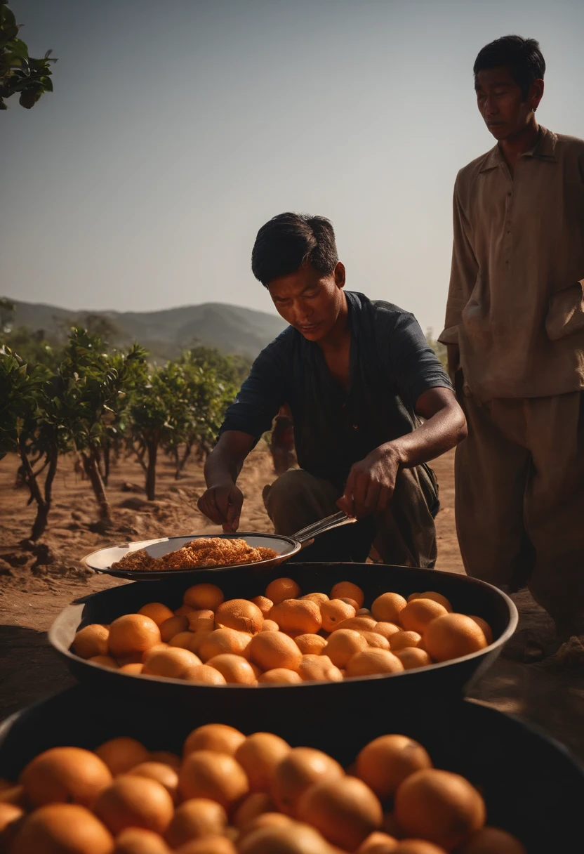 Orange groves, k hd, Masterpiece, Best quality, Photorealistic,Realistic lighting and shadows,In the daytime,超高分辨率,People take plates,Migrant workers