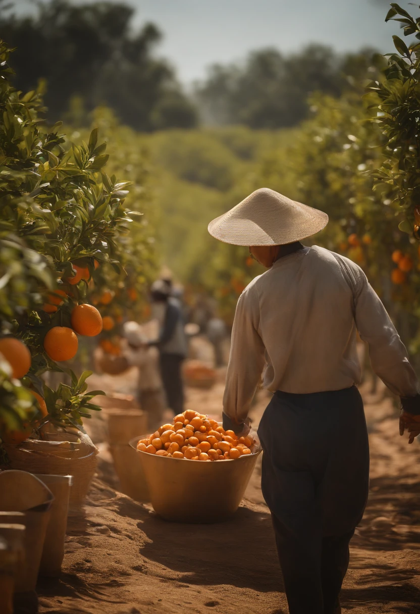 Orange groves, k hd, Masterpiece, Best quality, Photorealistic,Realistic lighting and shadows,In the daytime,超高分辨率,People take plates,Migrant workers