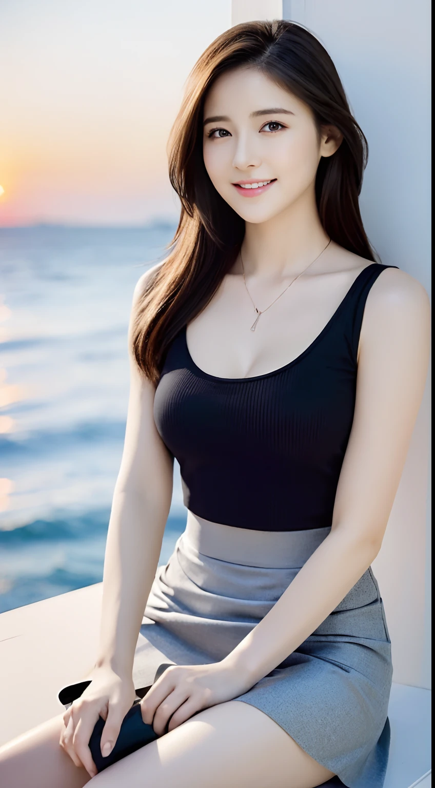 Marian Rivera, 30 years old ,((1 girl)), Solo, ((crisp breasts:1.3)), Slim body, Tall body,Beautiful young lady, Nikon Z 85mm, ((Best quality)) ((Masterpiece)), intricately details, Sharp focus, professional, Realistic, Real life, hyper realisitc, Photorealistic, finedetail, Best quality, Very detailed CG unity 8K wallpaper, Perfect artwork, full bodyesbian, Shiny hair, Glowing eyes, Shiny skin, Realistic, Perfect female hourglass figure, Thin waist, Wide buttocks, view the viewer, Extremely delicate and beautiful, Best quality, beautiful details girl, beautiful eyes in detail, Face lighting, cinmatic lighting, Perspective, revealing buttocks, Perfect collarbone, golden-ratio face, Realistic Facial Expression, (exquisitedetails, Makeup, (exquisite beautiful exquisite face, Delicate and beautiful eyes, a face with perfect proportion, highdetailskin,((Wearing a tight black tank top gray miniskirt )), ((Cute smile)), ((Simple diamond necklace)), ((Closed breasts)), ((closed clothes), ((Polite clothes)), Sunset by the sea,The girl stands, Feet, Dynamic pose