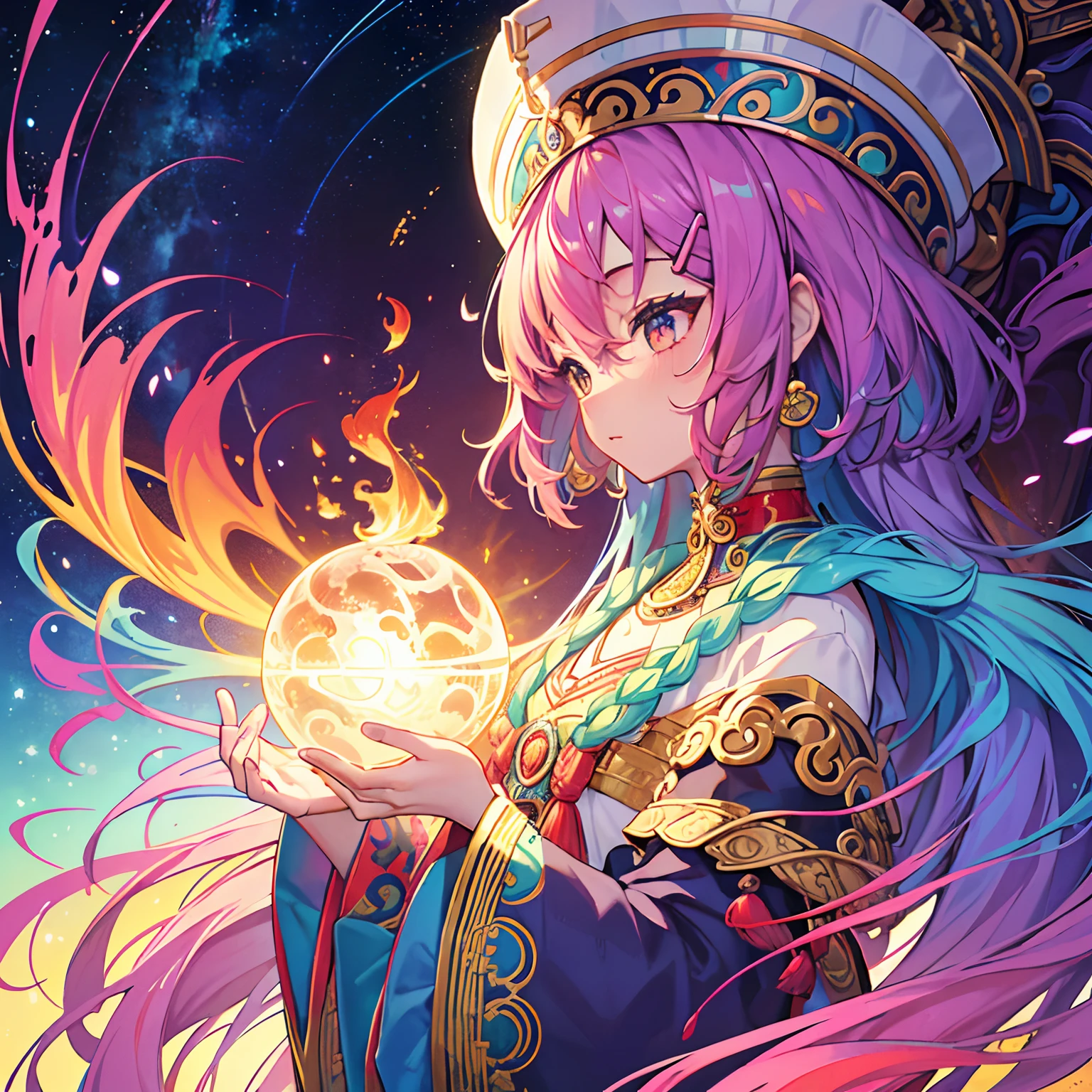 (masterpiece、top-quality、top-quality、Afrocentric farewell(afro)、Official art、Beautifully Aesthetic:1.2)、(1girl in:1.3)、(Fractal Art:1.3)、The upper part of the body、From Side、looking at the viewers、patterns、(rainbow-colored hair、colourful hair、African Ink、clouds、starrysky、stele、Splashes of bright colors、Rough kanji、