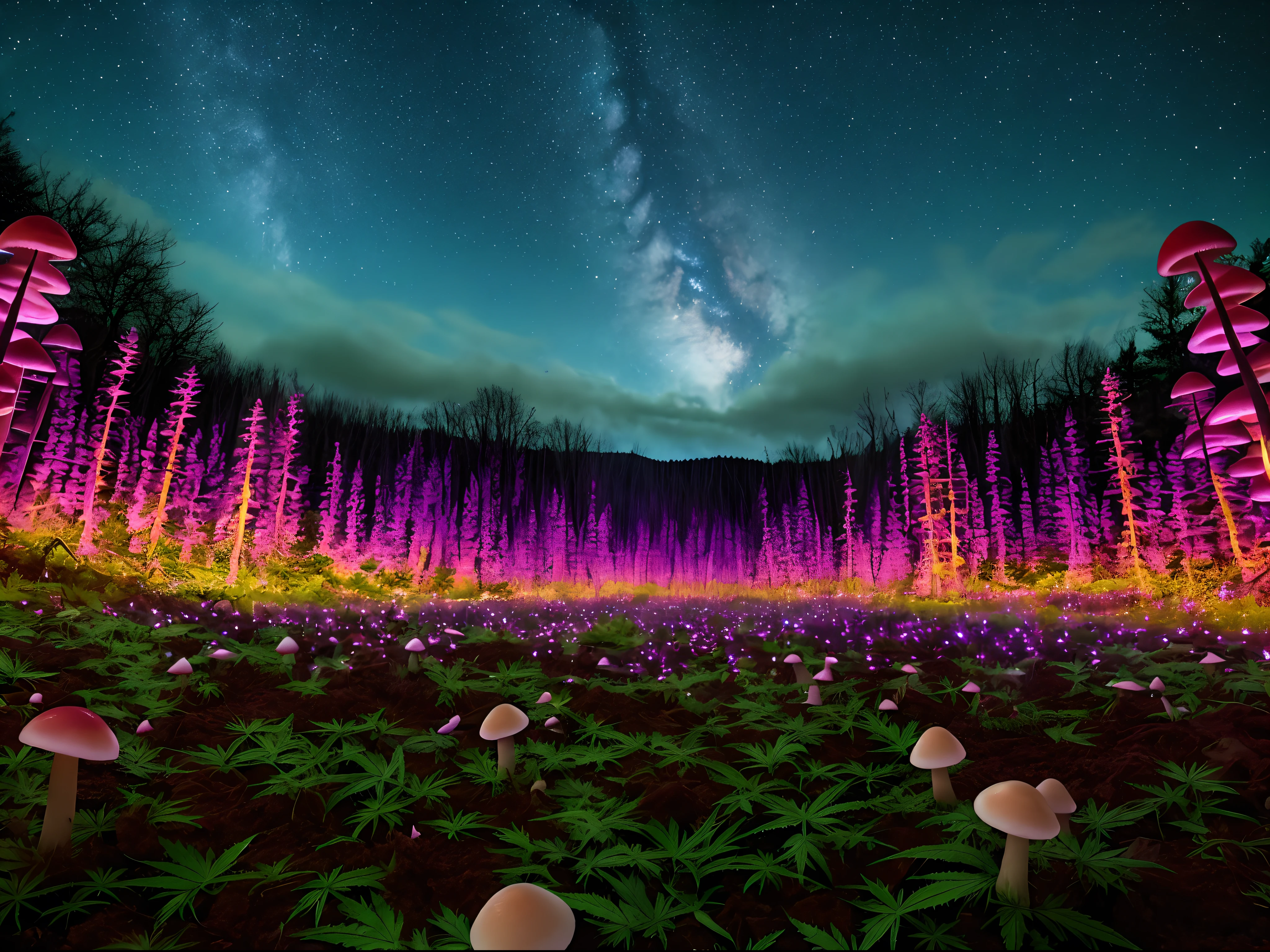 Mushroom forest that glows cyan in the night black night sky with small red stars and marijuana plants all over the ground
