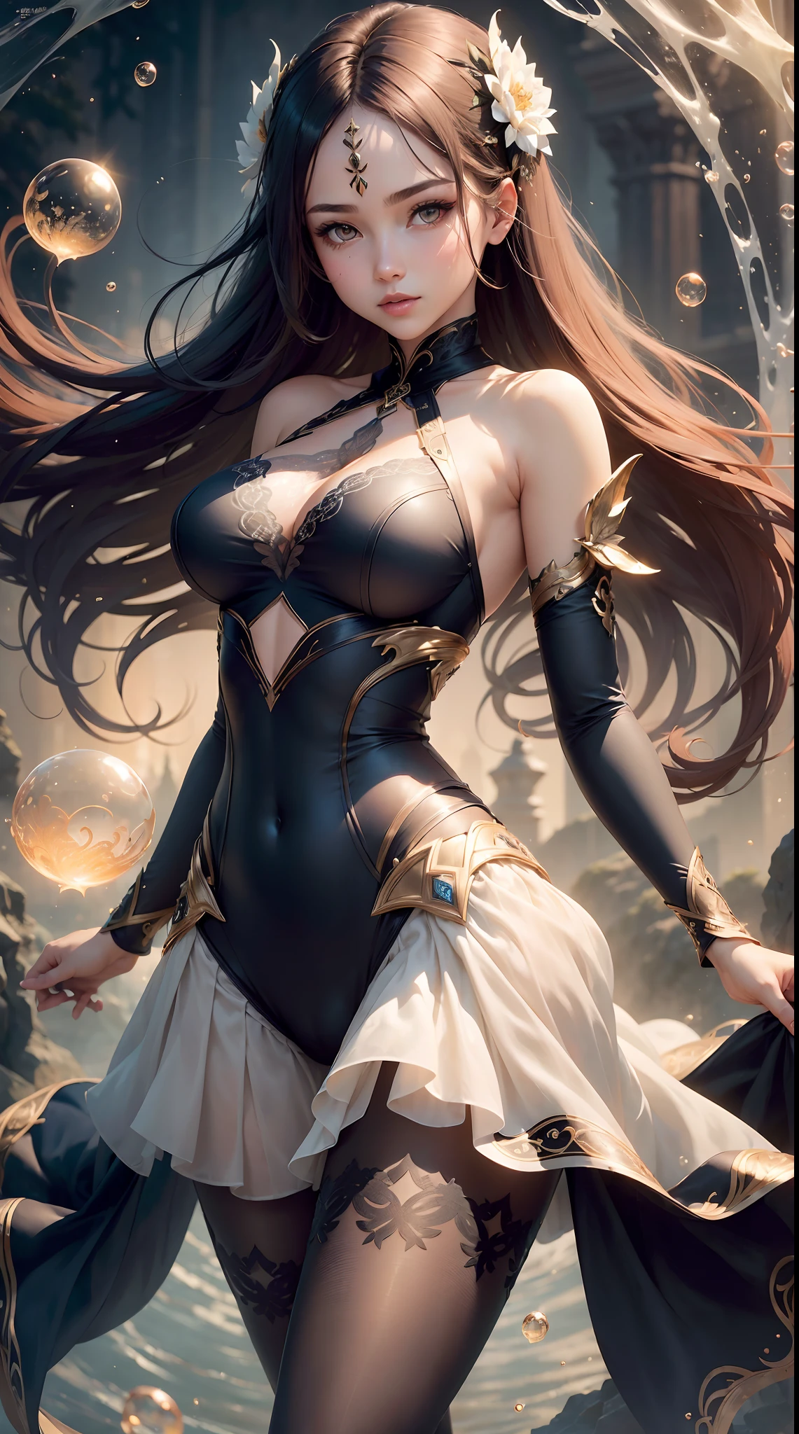 (((Exquisite))) Openwork tights, High-quality details, Flowing, Dynamic, (1 female), Bright eyes, Spirited, Attractive front and back, Silk texture, Render high-quality textures, Huge bubbles, Soft light, Full of reality, At the moment the girl is in a fantasy world.