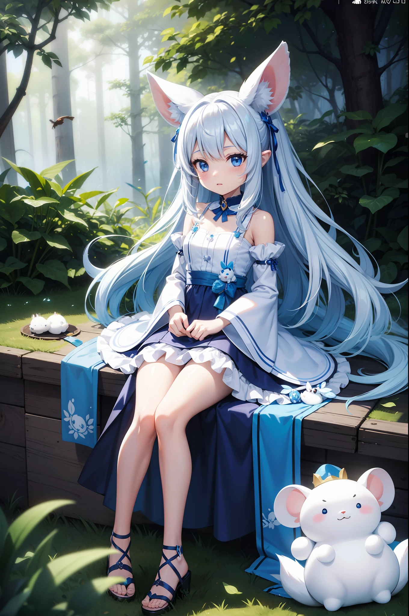 In the forest、There is a small white rabbit with long ears, White long ears、I'm with a pretty girl with long blue hair。It is a cute costume in white and blue white panty Dark eyes。cute forest creature, Cute mushrooms also grow、Adorable Digital Painting, cute detailed digital art, the squirrel king, Cute digital art, cute cartoon characters, cute character, CuteCreatures, Cutie, official illustrations, Official art, squirrel, maplestory mouse, astri lohne, cute 3d render