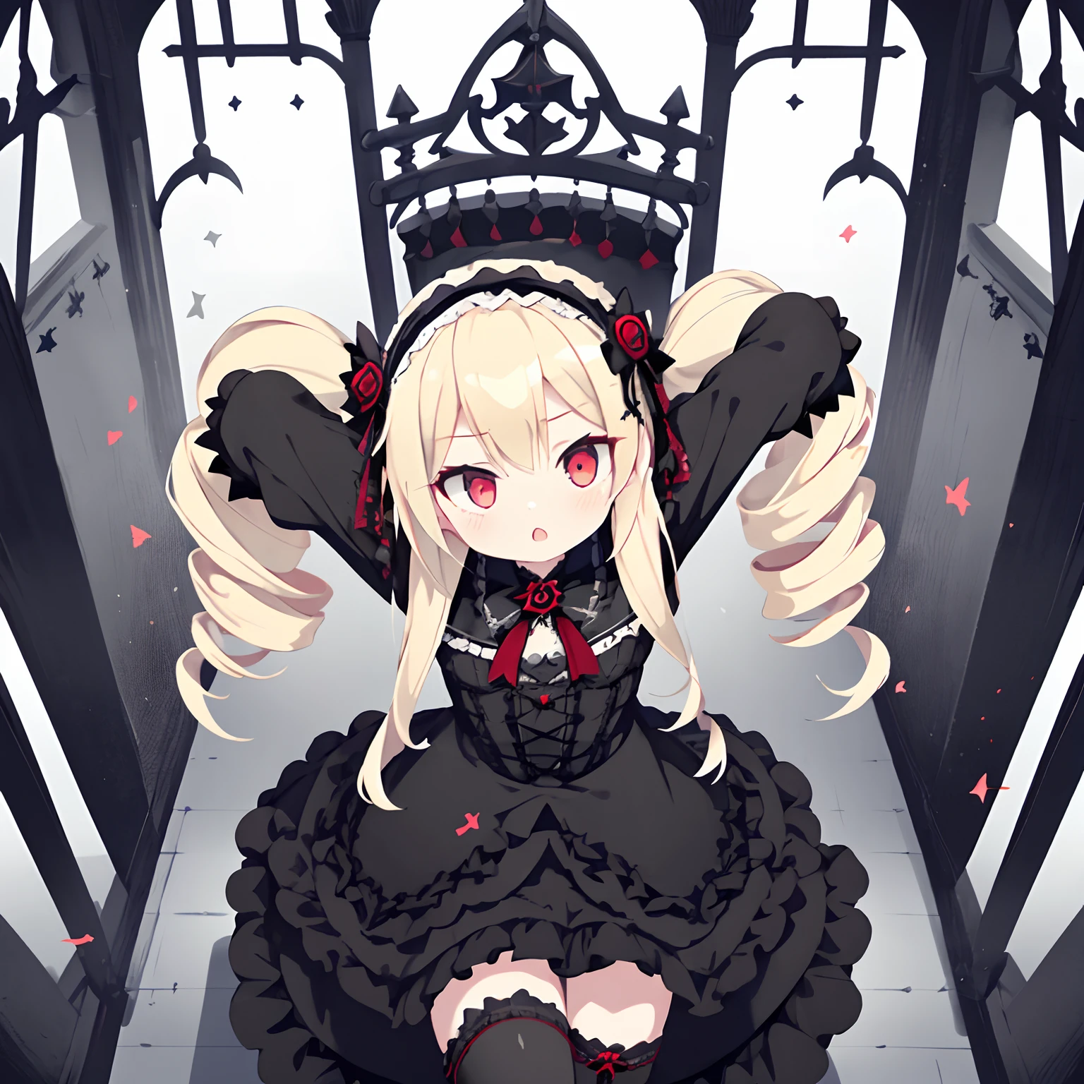 1girl in,Black Dress,Gothic lolita,a blond,twin drills,Crimson eyes,From  above