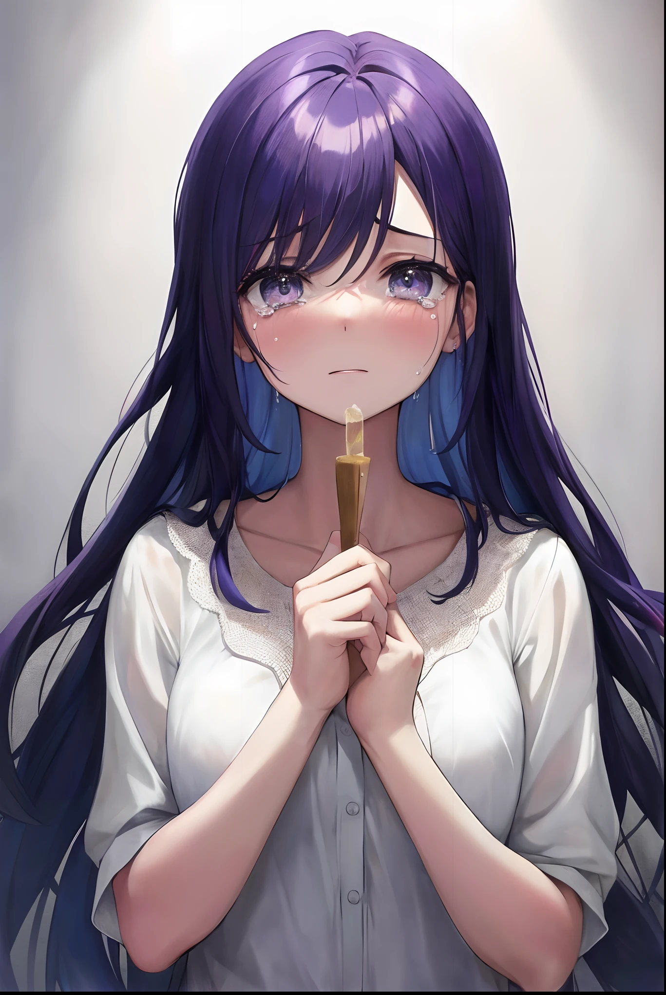 (higher resolution, imagen_distinta) La mejor calidad, la obra maestra de una mujer, muy detallados, semi realista (la mayor parte del cuerpo), llorando,with tears, llorando, triste, (fondo pastel oscuro), sombra realista,ojos brillantes pupilas circulares, llorando, triste, super triste, desde arriba, sentada llorando tapando su rostro llorando, lloviendo,