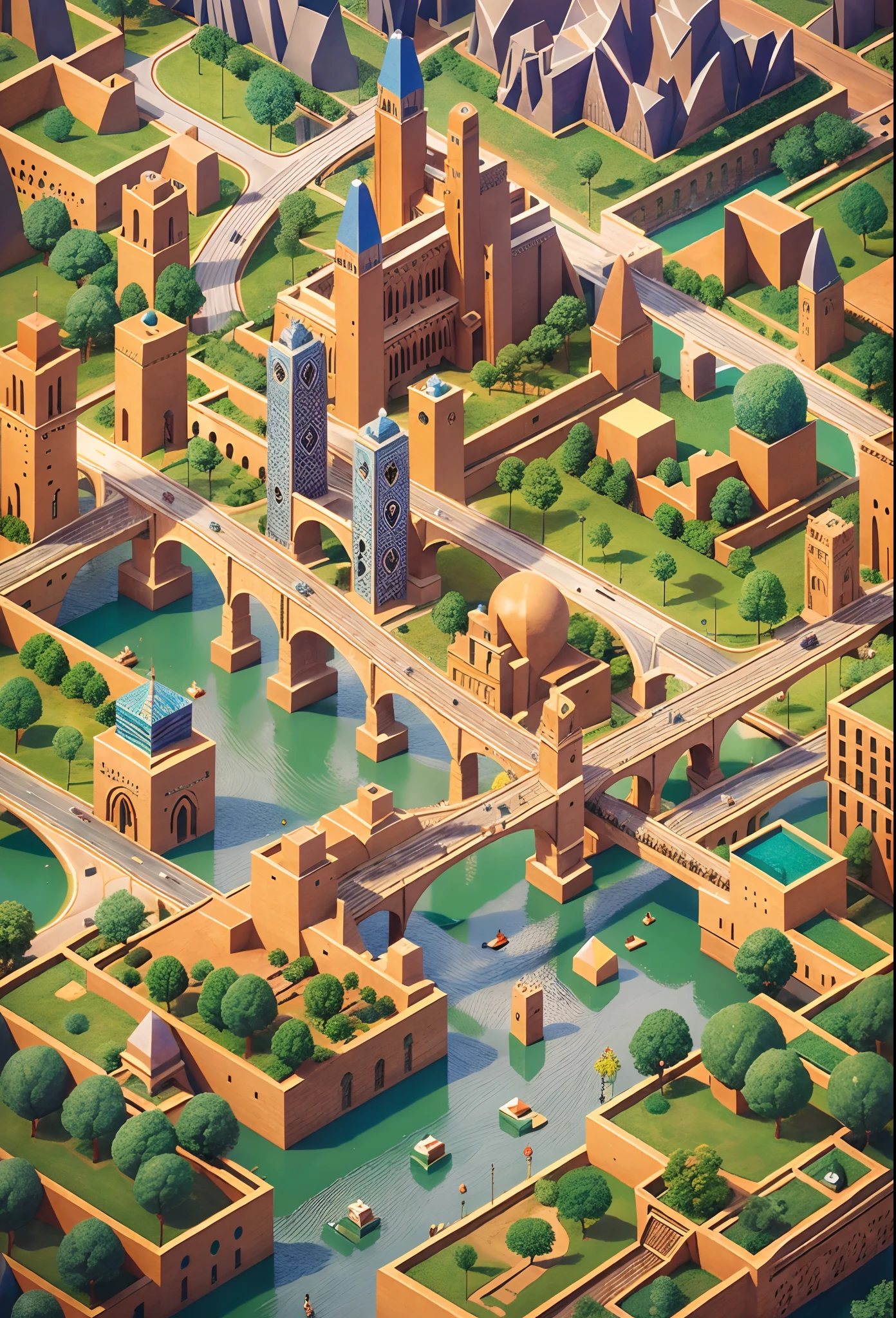 monument valley，optical illusions，cubismo，Yayoi Kusama，Escher's theory of relativity，iso-distance view,Dramaticlight,Translucent stereoscopic,Rich in color,Beautiful composition，tmasterpiece,Detailed details,k hd,Urban bridges，River forest