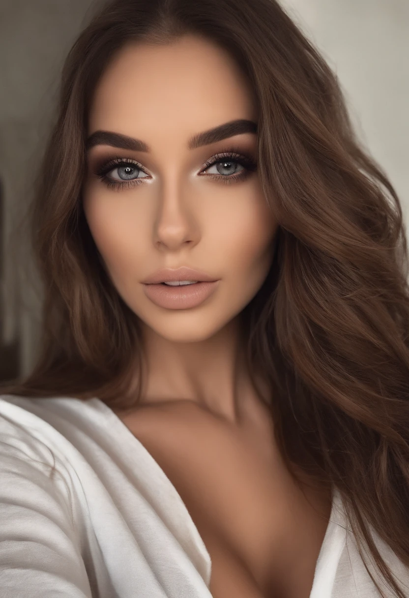 Arafed Mujer totalmente , Chica sexy con ojos marrones, ultra realista, meticulosamente detallado, Retrato Sophie Mudd, brown hair and large eyes, selfie de una mujer joven, Ojos de Dubai, Violeta Myers, sin maquillaje, Maquillaje natural, staring directly into camera, cara con artgram, maquillaje sutil, Impresionante foto de cuerpo completo arrodillado en la cama, En el dormitorio, Medium to large size bust