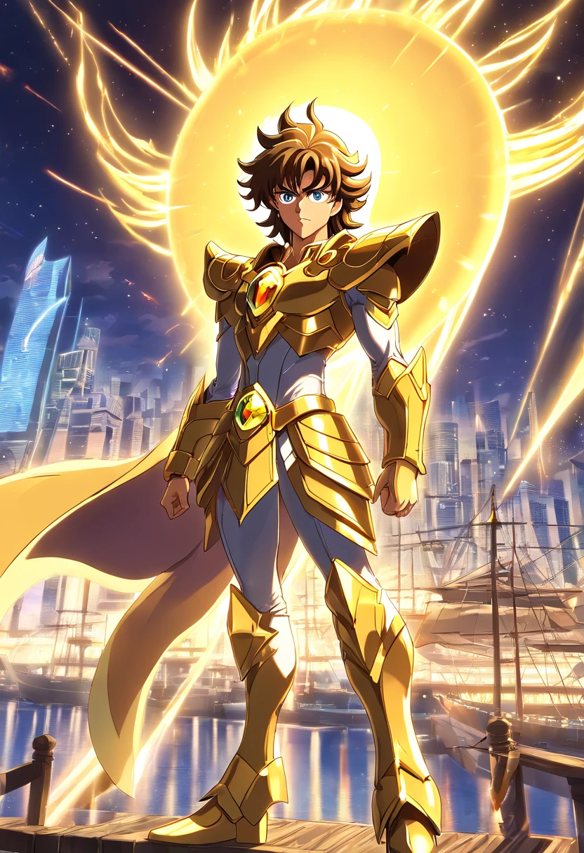 melhor quality, obra-prima, ultra-detalhado, ultra-high resolution CG unit wallpaper, best illustration, Um homem extremamente heroico, homem de 36 anos, espada nas costas, Cabelo loiro curto, barba cheia, loiro, (((com armadura de ouro incrivelmente detalhada no estilo do anime saint seiya))) Cubo acima do olho direito, In front of a pirate ship in a port city, It's surrounded by yellow sacred light.