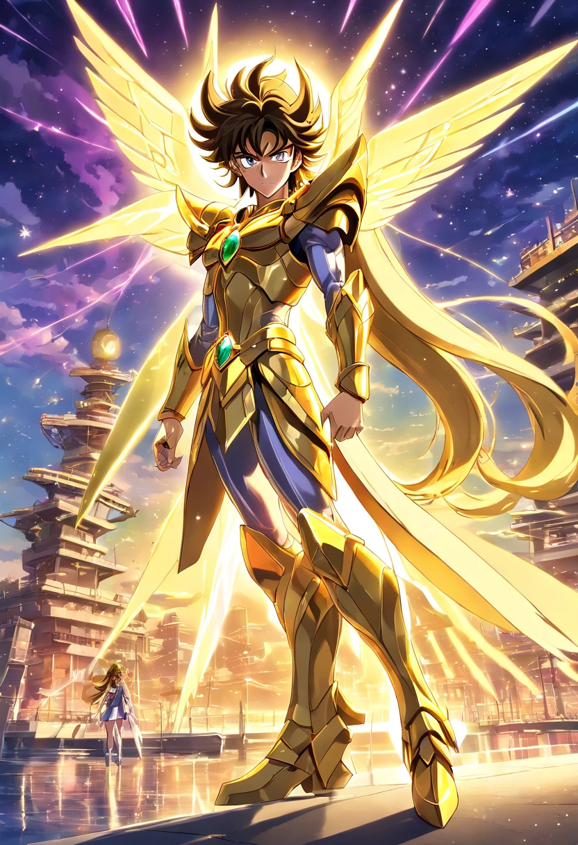 melhor quality, obra-prima, ultra-detalhado, ultra-high resolution CG unit wallpaper, best illustration, Um homem extremamente heroico, homem de 36 anos, espada nas costas, Cabelo loiro curto, barba cheia, loiro, (((com armadura de ouro incrivelmente detalhada no estilo do anime saint seiya))) Cubo acima do olho direito, In front of a pirate ship in a port city, It's surrounded by yellow sacred light.