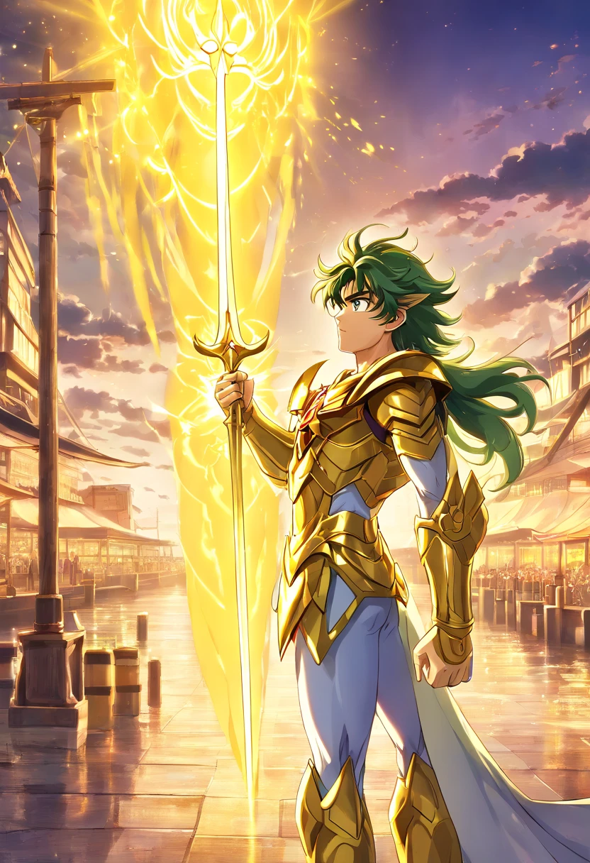 melhor quality, obra-prima, ultra-detalhado, ultra-high resolution CG unit wallpaper, best illustration, Um homem extremamente heroico, homem de 36 anos, espada nas costas, Cabelo loiro curto, barba cheia, loiro, (((com armadura de ouro incrivelmente detalhada no estilo do anime saint seiya))) Cubo acima do olho direito, In front of a pirate ship in a port city, It's surrounded by yellow sacred light.