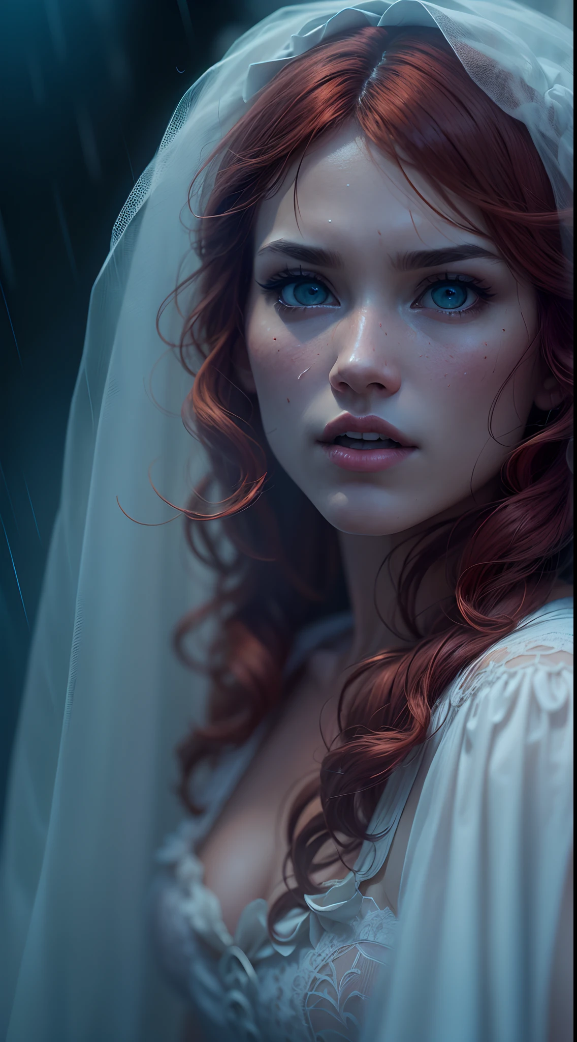 Clip from the Mario Bawa horror movie, Full medium close-up, A gorgeous 18-year-old woman like Bella Thorne, Long red hair, Soft pale skin, Cute and youthful face, defined eyebrows, Light blue eyes, Delicate nose, Plump and rounded lips, Walk in a Gothic cemetery in a white wedding dress at night, Fog and rain conditions, ghostly atmosphere, 1600s, (High skin detail: 1.2), Ultra-detailed, photo-realistic, Depth of field, Cinematic lighting, IMAX cameras, hdr, DTM, Full-HD, 8K
