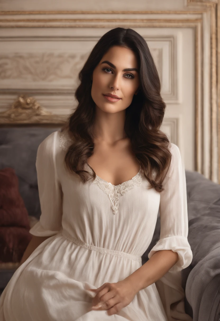 Create a high-quality, ultra-realistic image that looks like an ID card photo of a 30-year-old woman standing in her living room. The framing of the image should include the woman from the hips to the head, with the A4 sheet that it holds well in front of the camera. On the sheet of paper she holds in her hand, On the sheet it is written freehand : 'Daniela, daniela_loaiza23 avec le code 429906'. Make sure the writing on the sheet is clear and legible. The woman has long wavy black hair. The ambience of the room is warm and welcoming.