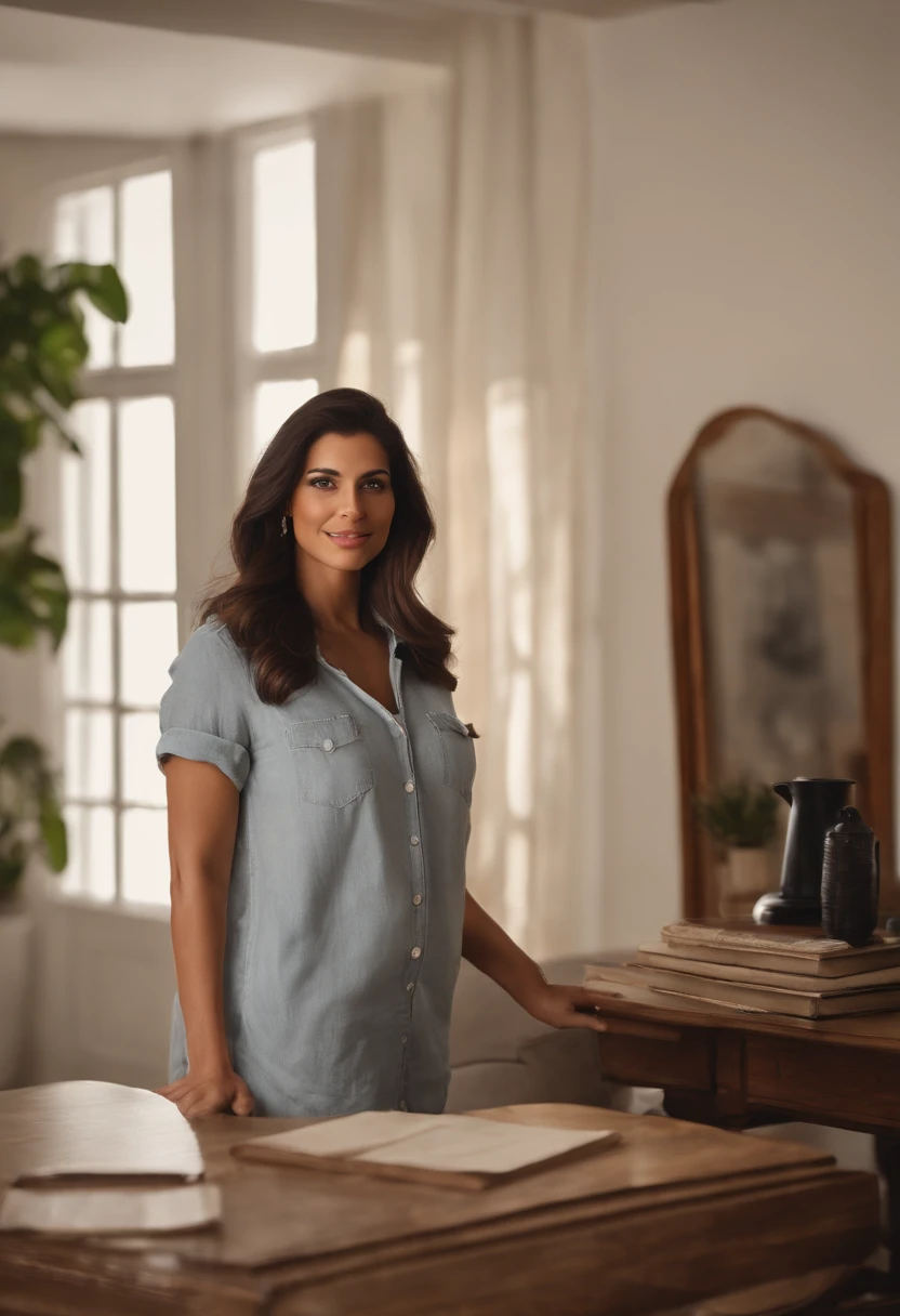 Create a high-quality, ultra-realistic image that looks like an ID card photo of a 30-year-old woman standing in her living room. The framing of the image should include the woman from the hips to the head, with the A4 sheet that it holds well in front of the camera. On the sheet of paper she holds in her hand, On the sheet it is written freehand : 'Daniela, daniela_loaiza23 avec le code 429906'. Make sure the writing on the sheet is clear and legible. The woman has long wavy black hair. The ambience of the room is warm and welcoming.