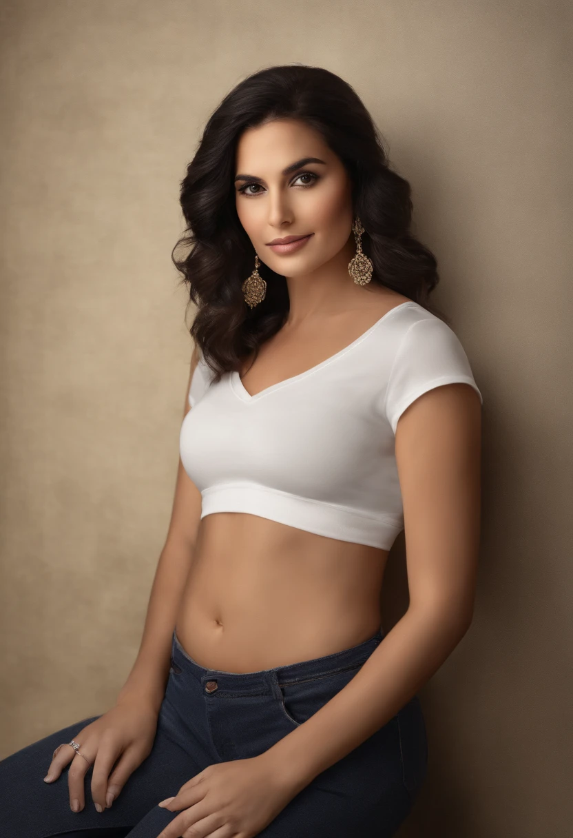 Create a high-quality, ultra-realistic image that looks like an ID card photo of a 30-year-old woman standing in her living room. The framing of the image should include the woman from the hips to the head, with the A4 sheet that it holds well in front of the camera. On the sheet of paper she holds in her hand, On the sheet it is written freehand : 'Daniela, daniela_loaiza23 avec le code 429906'. Make sure the writing on the sheet is clear and legible. The woman has long wavy black hair. The ambience of the room is warm and welcoming.