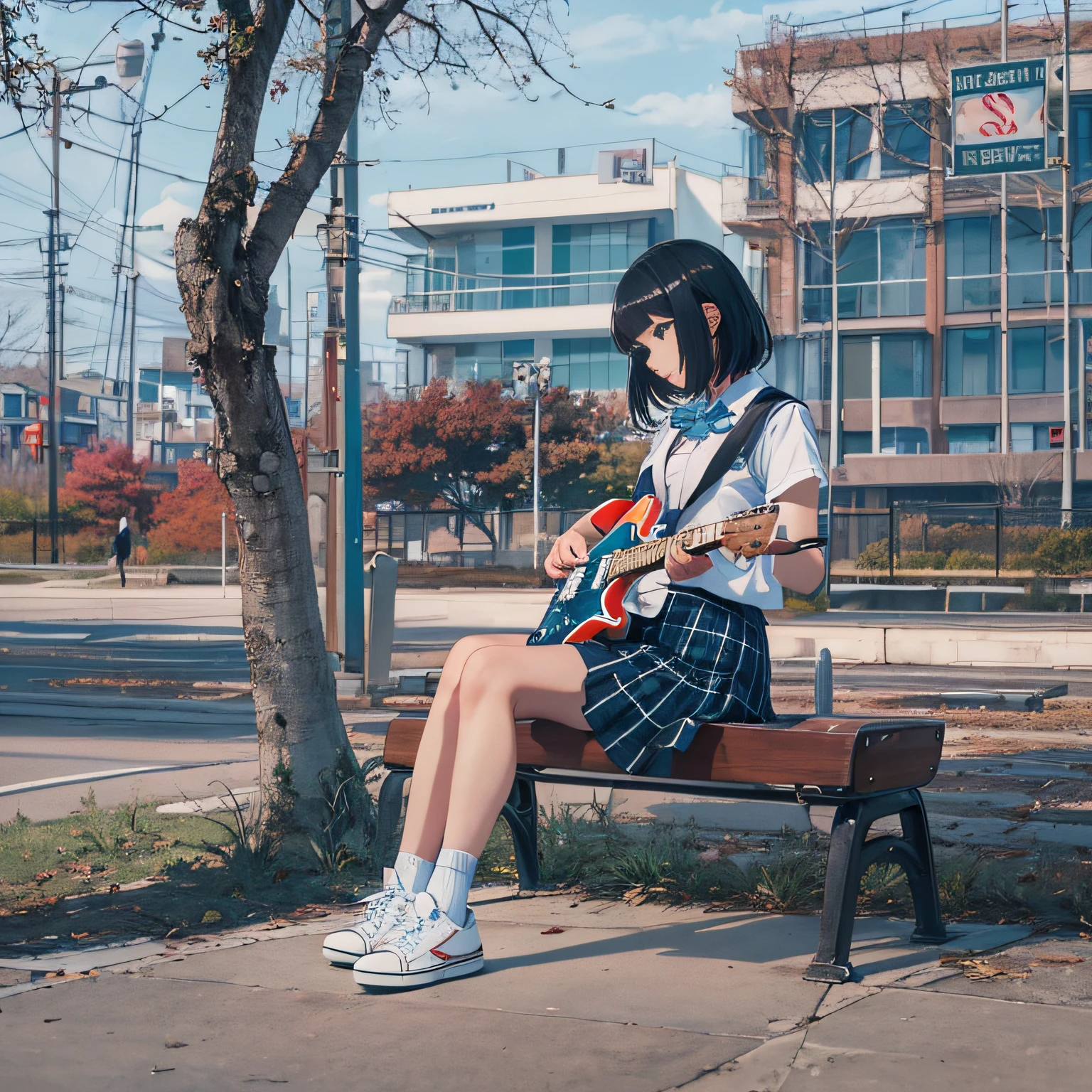 masutepiece, High resolution, Cinematic lighting, Park overlooking the harbor, Alone, High school girl sitting on bench playing electric guitar (Light Blue Fender Stratocaster), Beautiful Girl, Black hair, a short bob, High School Uniform (Dark blue) Blazer and checked skirt), White Converse Basketball Shoes,
