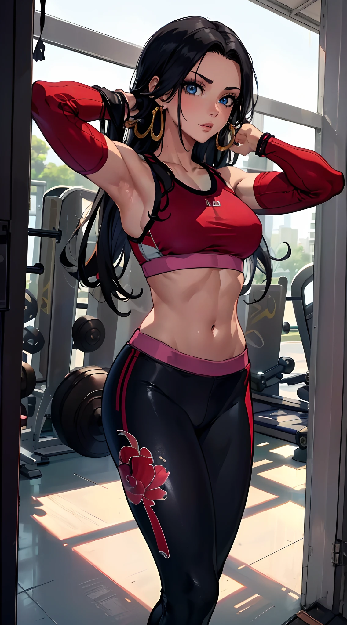 (master part, best quality: 1.2), cowboy shot, sozinho, 1girl, boa hancock, Olhando para o Viewer, jewelries, Brincos, diafragma, ((dingy gym)), ((gym clothes)),