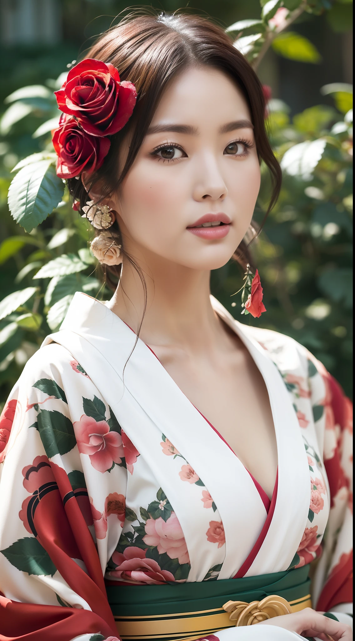 (kimono made of real roses, lots of roses), contemporary art, intricate design, top quality, 8k, masterpiece: 1.3, clear focus: 1.2, beautiful woman with perfect figure: 1.4, highly detailed face and skin texture, detailed eyes, lips