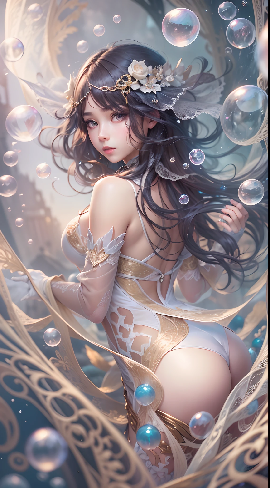 (((Exquisite))) Openwork tights, High-quality details, Flowing, Dynamic, (1 female), Bright eyes, Spirited, Attractive front and back, Silk texture, Render high-quality textures, Huge bubbles, Soft light, Full of reality, At the moment the girl is in a fantasy world.