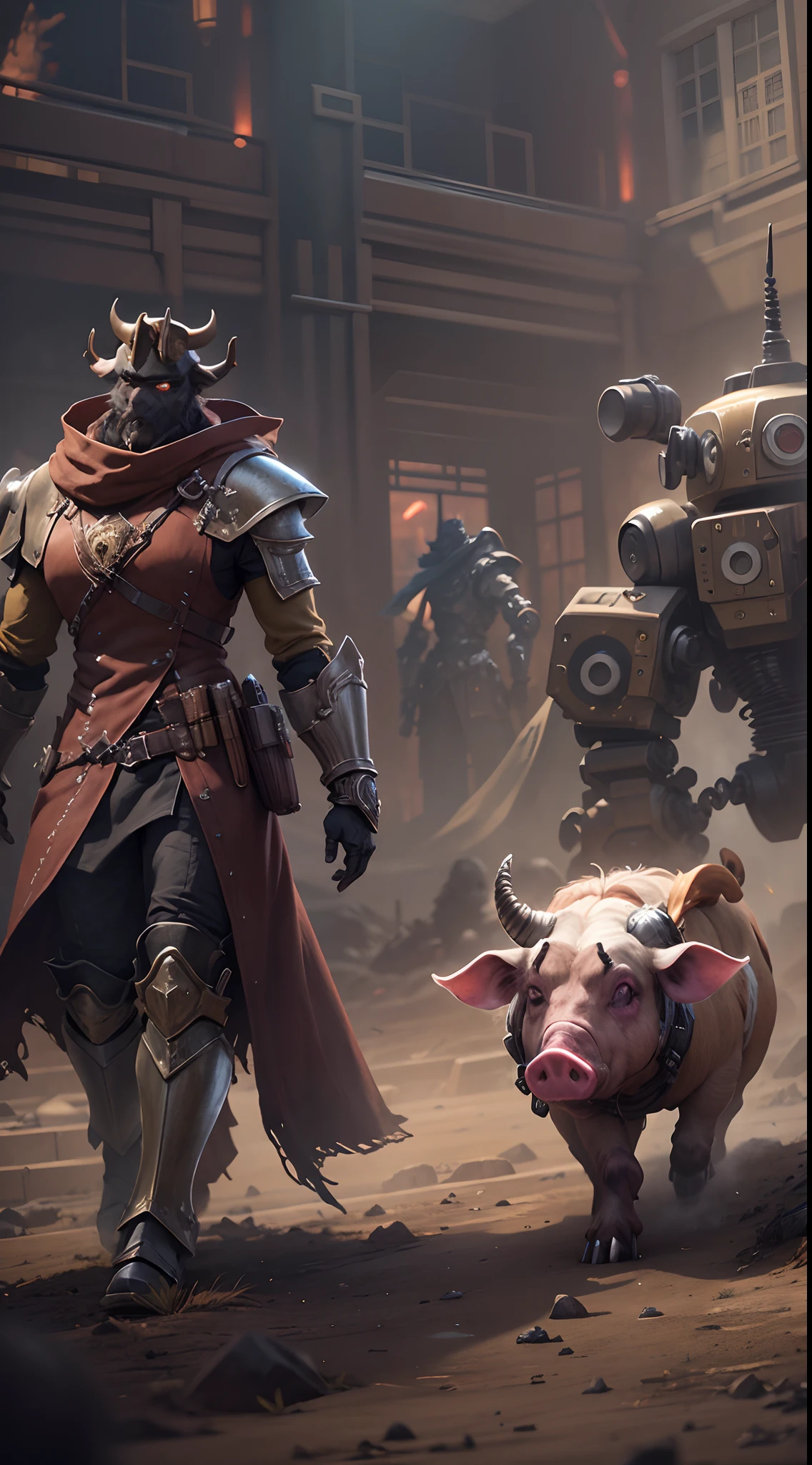 The image of a man and a woman walking in front of a group of robots, grimdark steampunk fantasy, ps 4 in - game cinematic, character with a hat, a horned, Wasteland, Official Splash Art, “pig, the gunslinger, gray wasteland, swarm, heavy white and golden armor, marron marron, Official artwork, taur