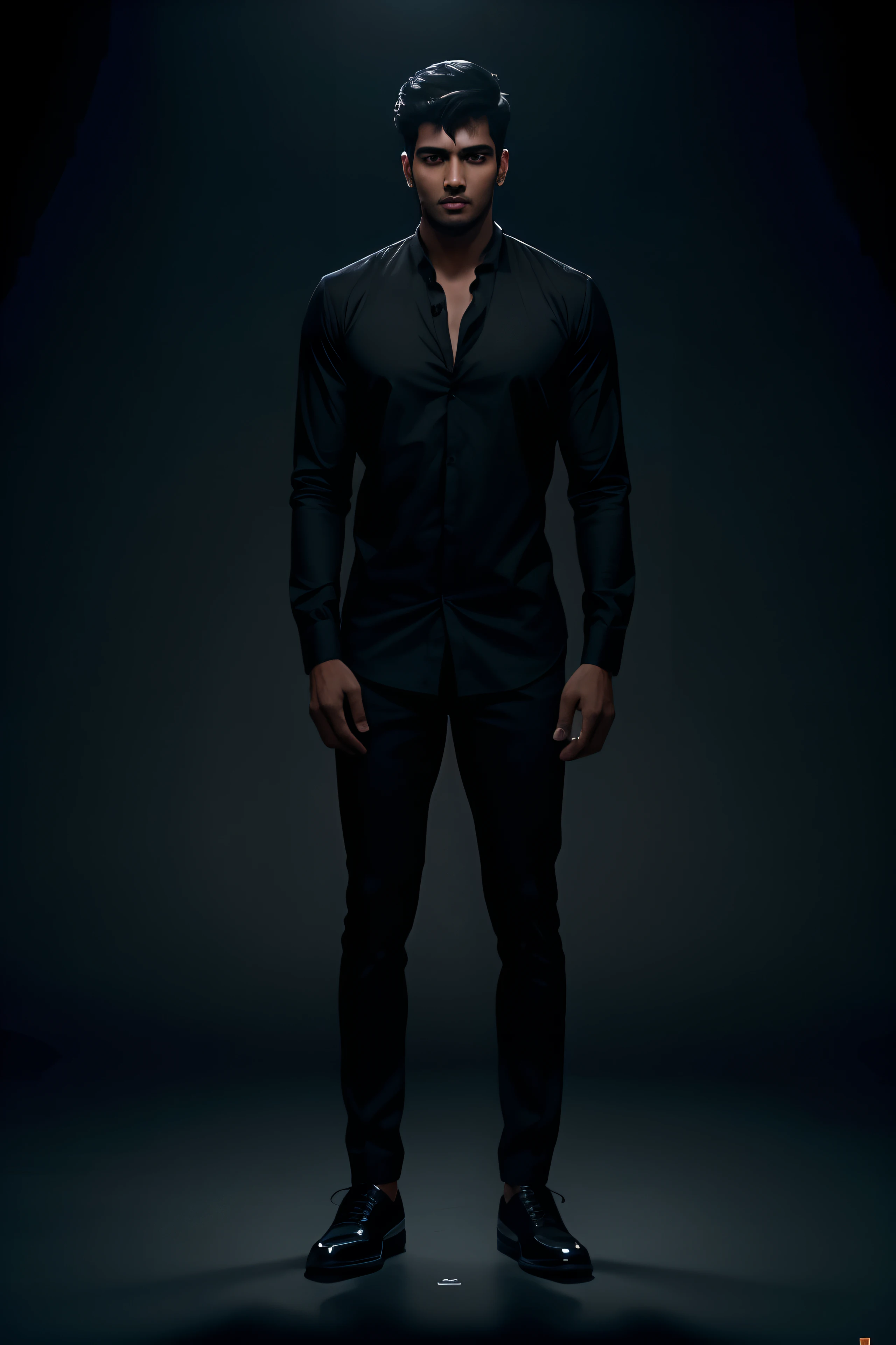 A 23 year old handsome fair Indian man, fair, standing at one place with eyes wide open looking at the viewer, wearing shoes, shocked, wearing black shirt, mood lighting, dark background, black background, hyper realistic photo, cinematic photo, 8k render, wide shot, (((full body shot))), ((shocked expression)), facial light