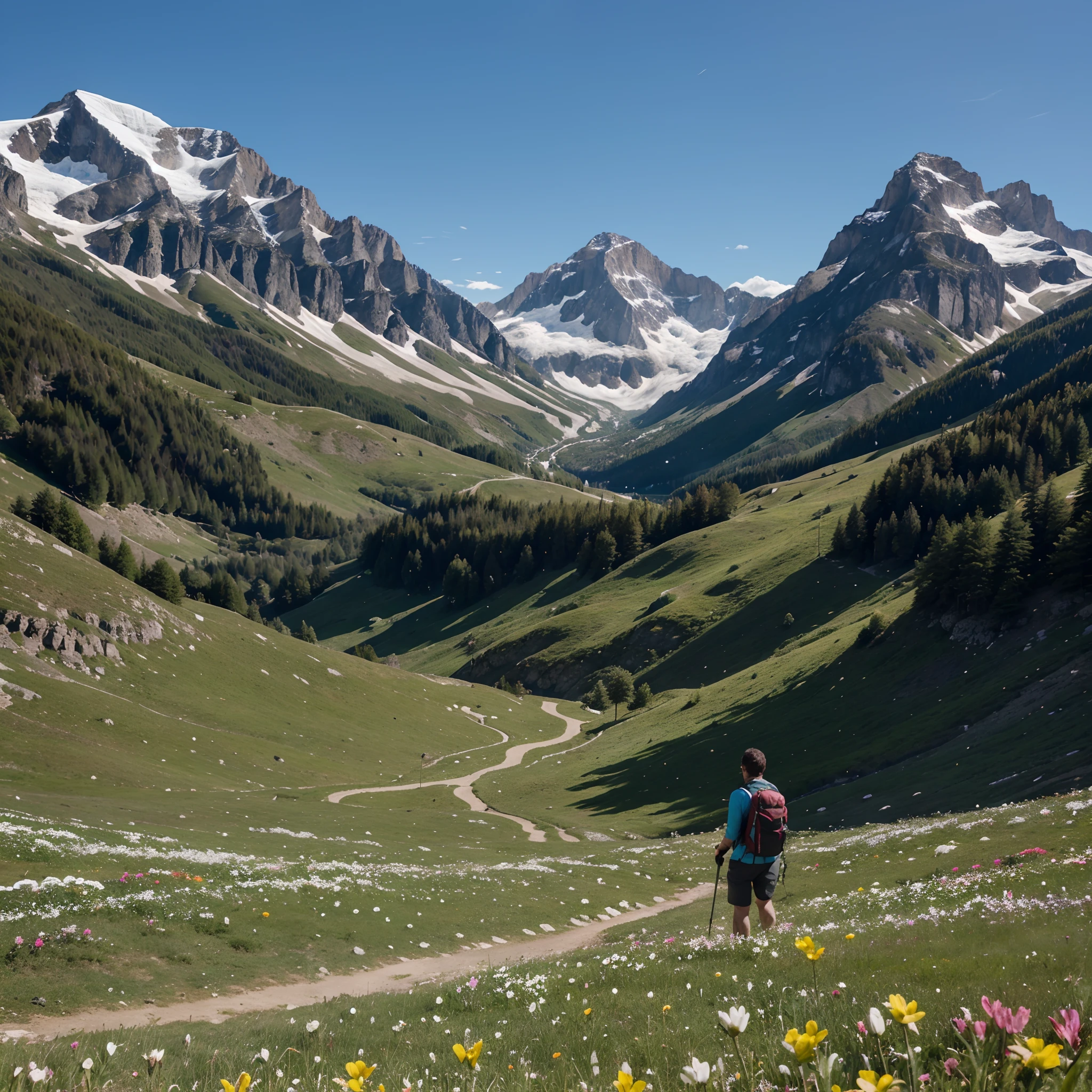 Tell the story of a hike in the mountains in spring, avec des fleurs sauvages en pleine floraison.4k