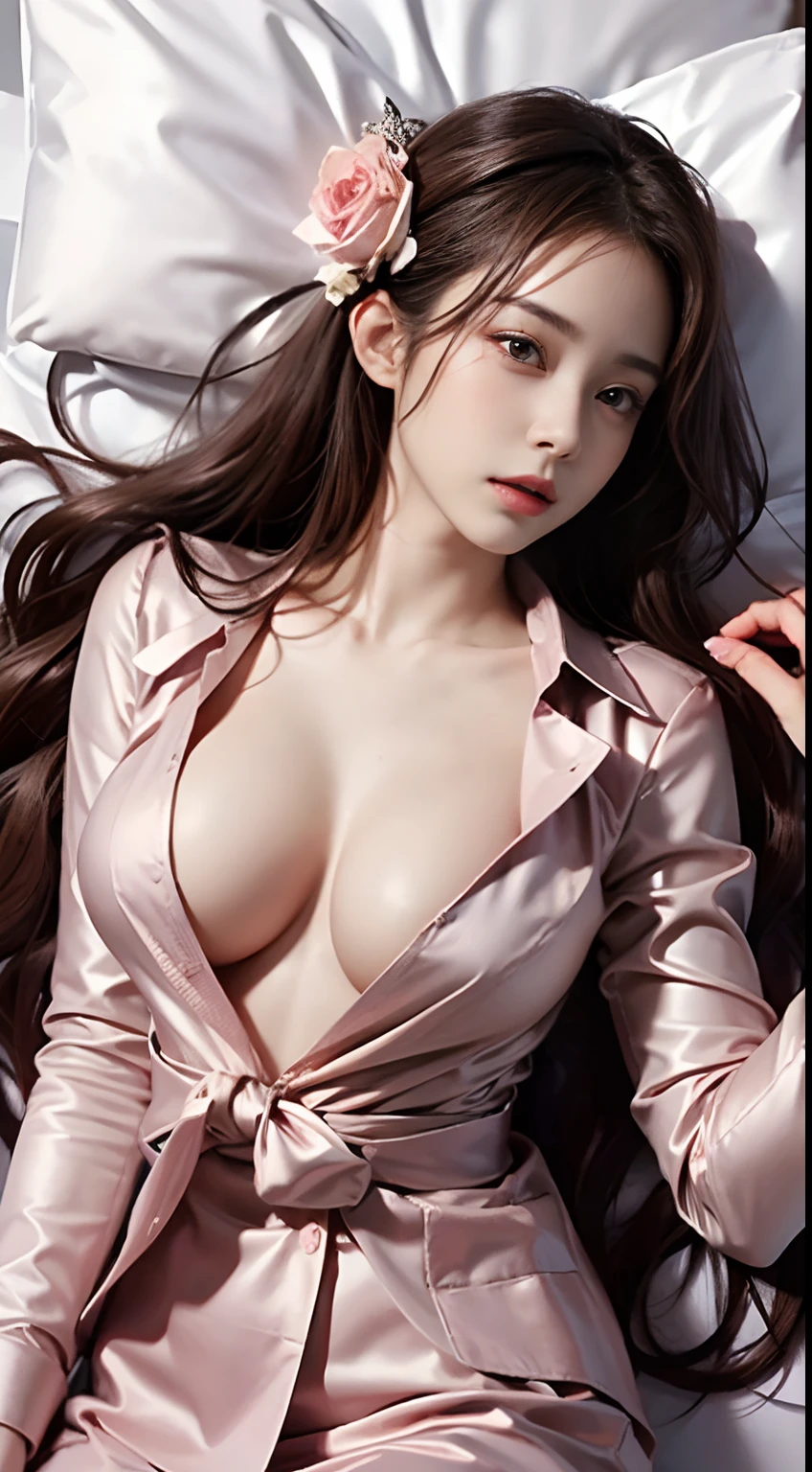 (1girl in:1.3), Cinematic Light, (masutepiece, of the highest quality, Best Quality, Beautiful and aesthetic:1.3), ighly detailed,highest details,(Ultra-detailed),,
From above,(( lying on bed)),
Solo, breasts, Silky long hair, (Brown hair), Roses were scattered all over the beds,
((Suit)), ((Shirt)), opened breast,
