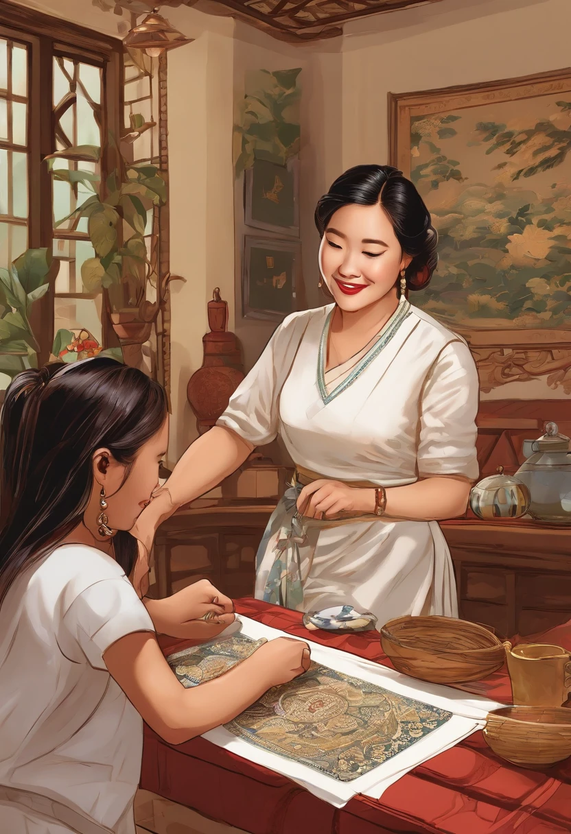 (best qualityer,highr,ultra - detailed,Realistic:1.2) Detailed and colorful American comics, Use vibrant, Exaggerated colors to highlight the illustration. The characters are rich in detail,Expressive, Has complex facial features and expressive eyes. These scenes depict a cozy living room,A cute Zhuang girl and gentle mother making batik cloth,Among them are elements of the Zhuang people and Zhuang batik cloth. Increase the depth of the composition with dynamic perspectives and dramatic angles. The art is reminiscent of traditional comic book illustration, A mix of bold lines and realistic shadows. Experience unique textures and patterns,Create visually captivating experiences. Combine visually striking speech balloons and sound effects,to enhance storytelling. The lighting is dramatic, Cast compelling shadows and highlight key elements.