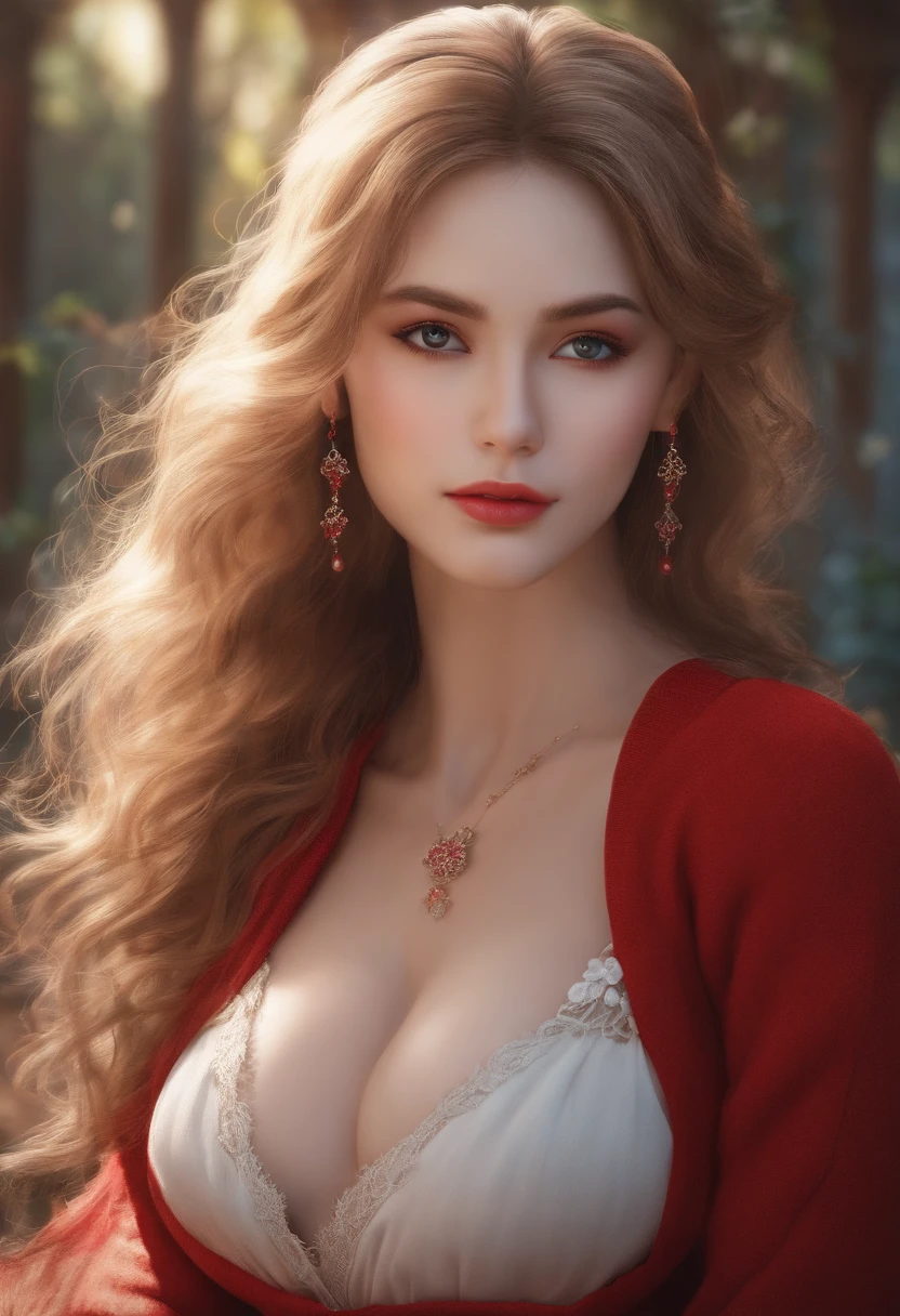 masutepiece, Best quality, illustration, Ultra-detailed, finedetail, A high resolution, 8K wallpaper, Perfect dynamic composition, Beautiful detailed eyes, Natural lips, Red knitted dress , Big breasts, cleavage,Pronounced ,