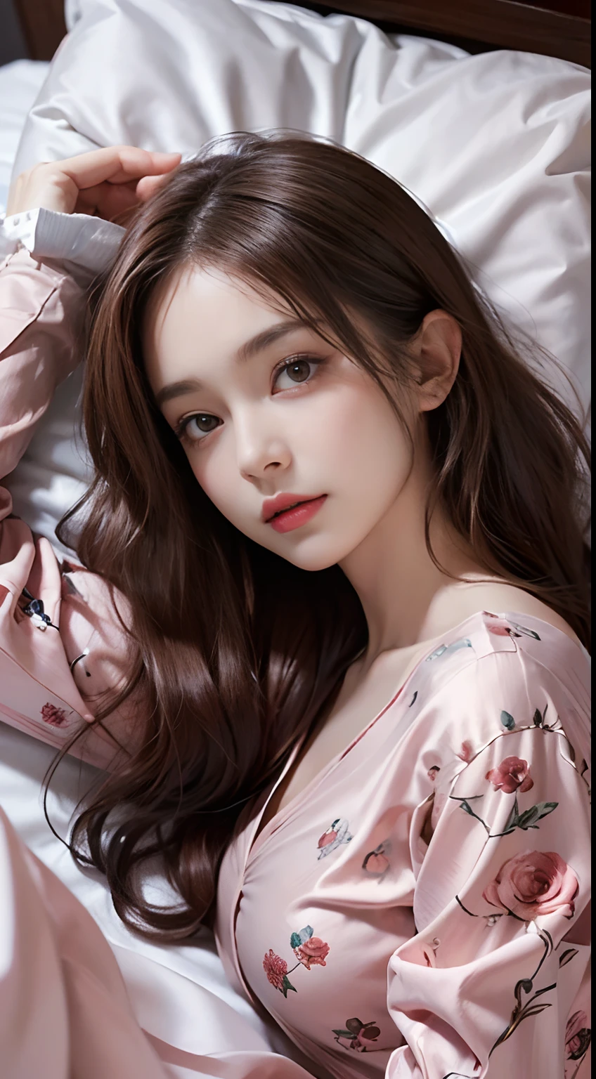 (1girl in:1.3), Cinematic Light,  (masutepiece, of the highest quality, Best Quality,  Beautiful and aesthetic:1.3), ighly detailed,highest details,(Ultra-detailed),, 
From  above,(( lying on bed)), 
Solo, breasts, Silky long hair, (Brown hair), Roses were scattered all over the beds,
((Suit)), ((Shirt)), opened breast,