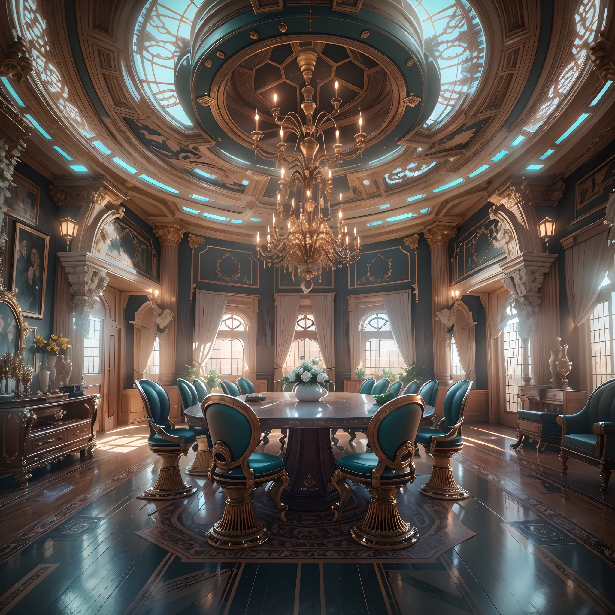 The dining room is equipped with tables, chairs and chandeliers。, cgsociety 9, futuristic persian palace, CG Social Unreal Engine, redshift houdini, Futuristic. Game CG, Unreal Engine Cinema4D, ornate cyberpunk interior, Hyper-realistic symmetry 8K, rene lalique and eddie mendoza, cinematic unreal 5, Cinematic, smooth Unreal Engine