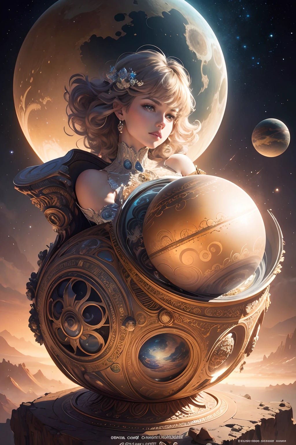 Sphere, Intricate, Rococo, Scenic, Hyperdetailed, Delicate; Royo; bright gassy colors; Regal; Bagshaw, Chevrier, Ferri, Kaluta, Minguez, Mucha, Johansson. Cinematic, 8K, concept, smooth focus, rutkowski, detailed Jupiter, beautiful, Artgerm, Giger, Planets, Space, wide angle