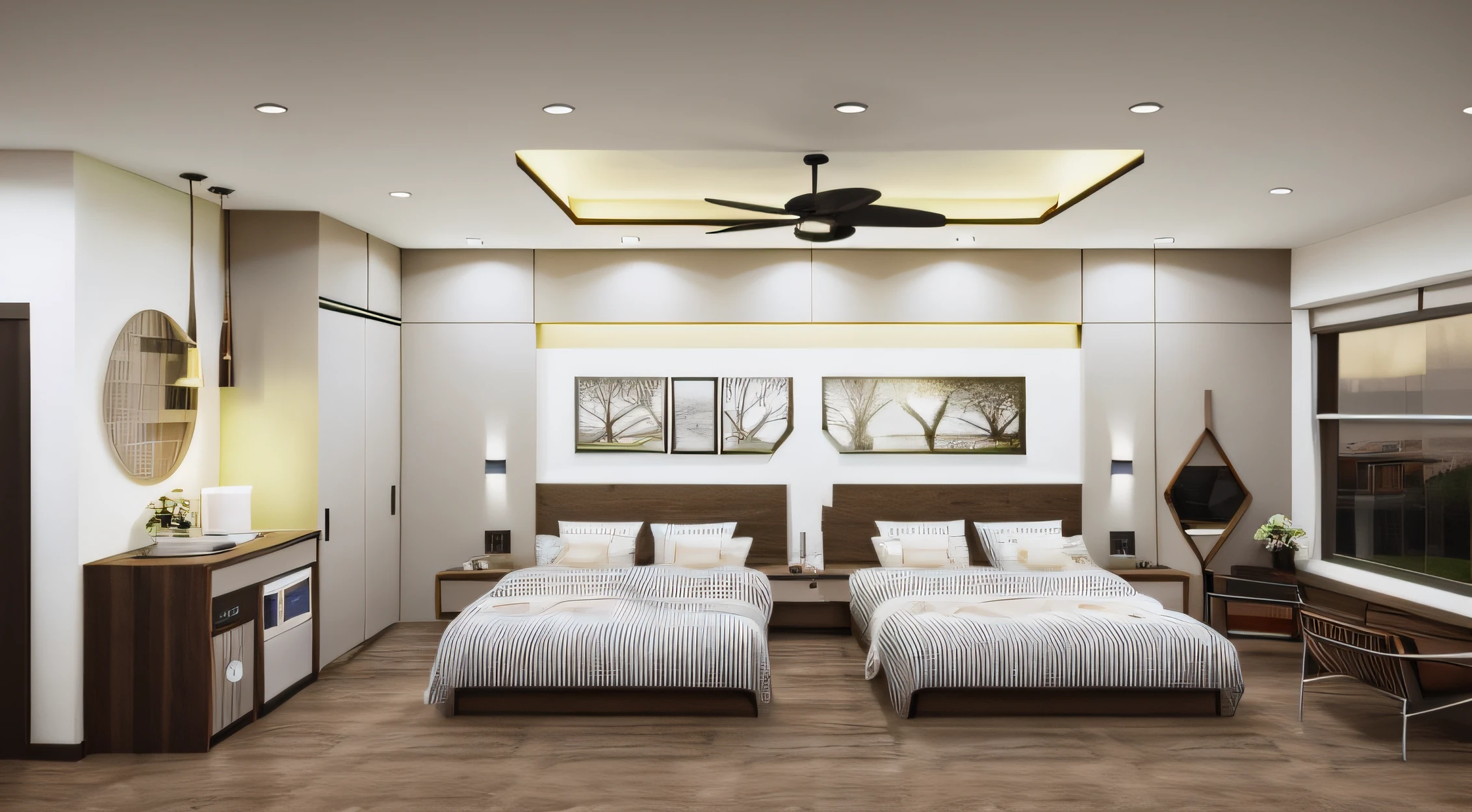 there are two beds in a room with a ceiling fan, bed room, inside of a bedroom, bedroom interior, clean and pristine design, natural light in room, low ceiling, exquisite rendering, interior of room, other bedrooms can be seen, high end interior, serene bedroom setting, architectural rendering, realistic 3 d style, simple ceiling, with backdrop of natural light, bedroom --auto