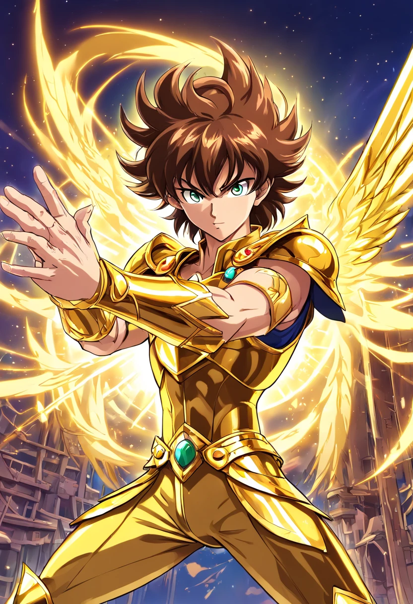 melhor quality, obra-prima, ultra-detalhado, ultra-high resolution CG unit wallpaper, best illustration, Um homem extremamente heroico, homem de 36 anos, espada nas costas, Cabelo loiro curto, loiro, (((com armadura de ouro incrivelmente detalhada no estilo do anime saint seiya))) Cubo acima do olho direito, In front of a pirate ship in a port city, It's surrounded by yellow sacred light.
