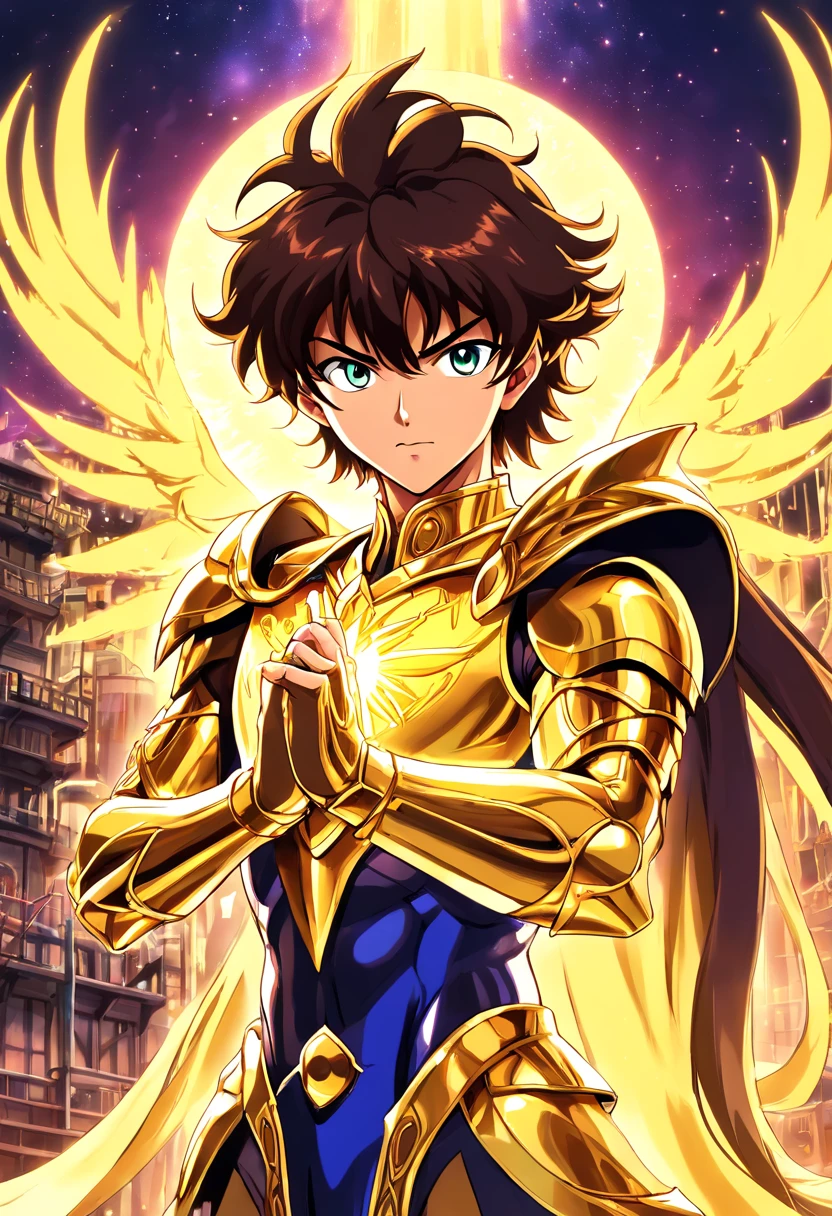 melhor quality, obra-prima, ultra-detalhado, ultra-high resolution CG unit wallpaper, best illustration, Um homem extremamente heroico, homem de 36 anos, espada nas costas, Cabelo loiro curto, loiro, (((com armadura de ouro incrivelmente detalhada no estilo do anime saint seiya))) Cubo acima do olho direito, In front of a pirate ship in a port city, It's surrounded by yellow sacred light.