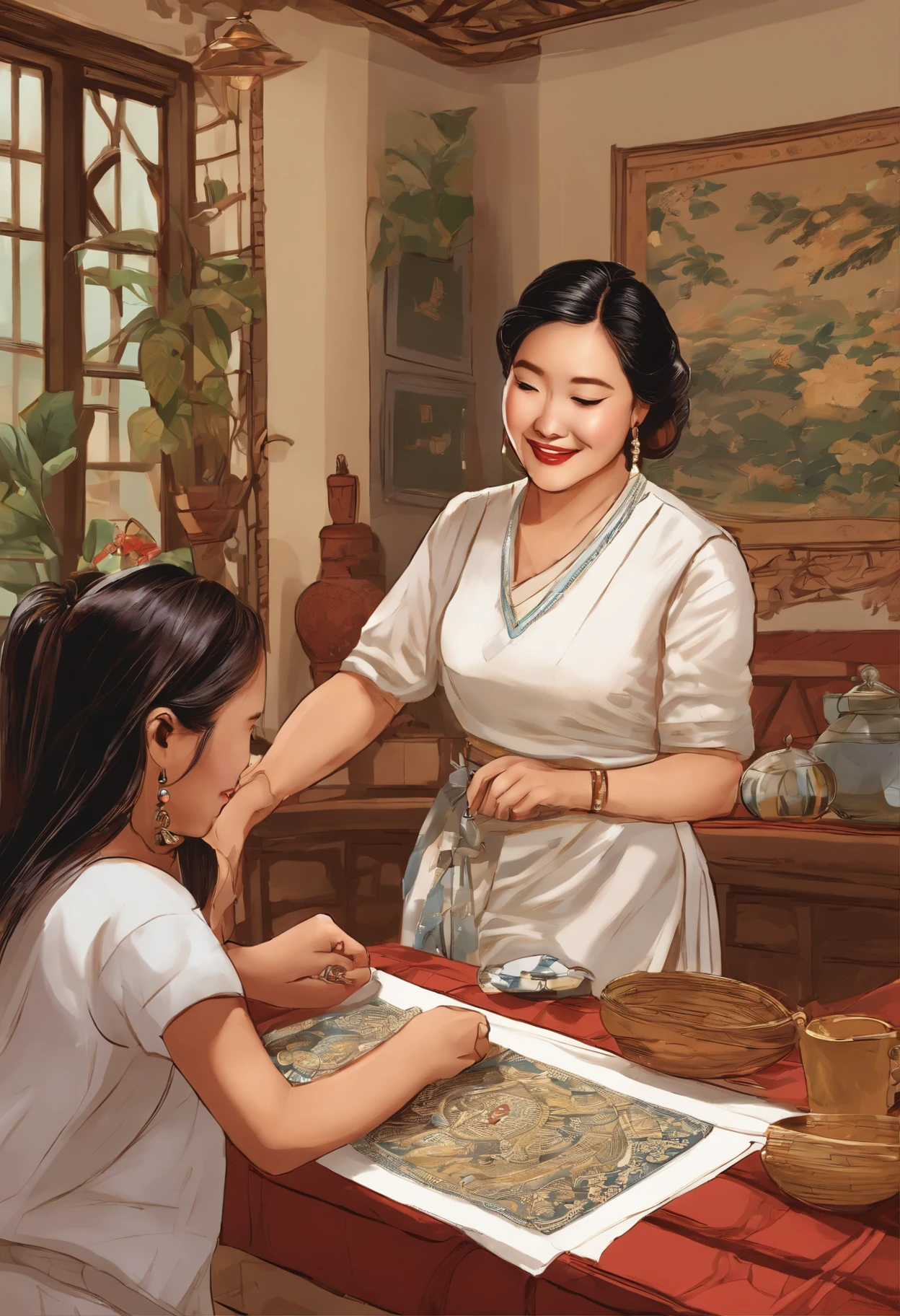 (best qualityer,highr,ultra - detailed,Realistic:1.2) Detailed and colorful American comics, Use vibrant, Exaggerated colors to highlight the illustration. The characters are rich in detail,Expressive, Has complex facial features and expressive eyes. These scenes depict a cozy living room,A cute Zhuang girl and gentle mother making batik cloth,Among them are elements of the Zhuang people and Zhuang batik cloth. Increase the depth of the composition with dynamic perspectives and dramatic angles. The art is reminiscent of traditional comic book illustration, A mix of bold lines and realistic shadows. Experience unique textures and patterns,Create visually captivating experiences. Combine visually striking speech balloons and sound effects,to enhance storytelling. The lighting is dramatic, Cast compelling shadows and highlight key elements.