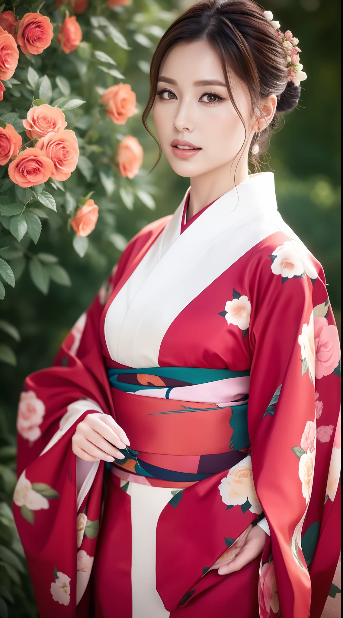 （Kimono made of real roses，lots of roses），Contemporary art，Complex design，top-quality，8K，tmasterpiece：1.3，Clear focus：1.2，Beautiful Women in Perfect Figure：1.4，Highly Detailed Face and Skin Textur，Detailed eyes，cparted lips，fully body photo，