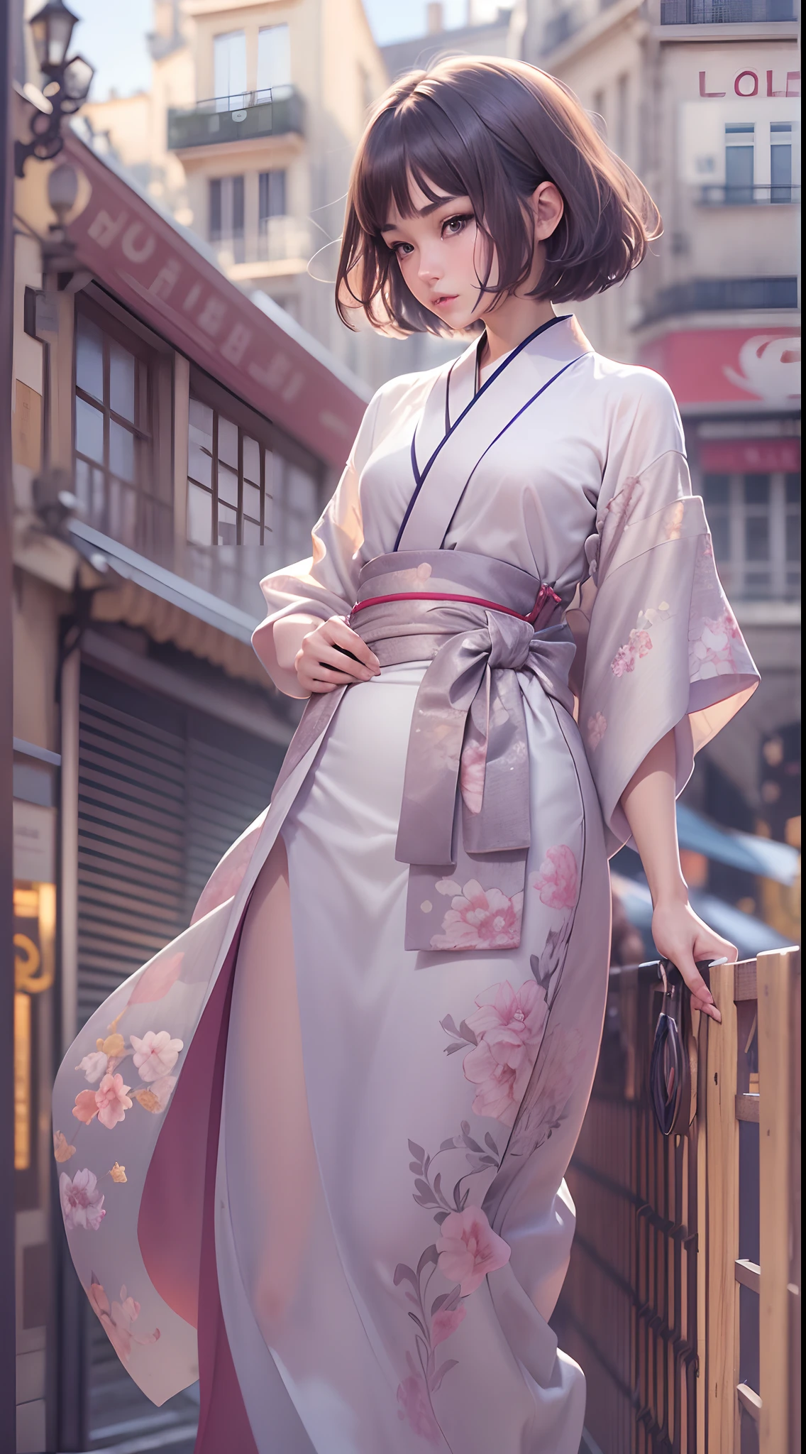 (Top quality, 16k, Masterpiece: 1.3)), 1 girl, Sharp focus: 1.2, Beautiful Women with Perfect Figure: 1.4, Slender abs: 1.2, (((Short Bob Hair)), ((small: 1.4)), ((Beauty face idol: 1.3)), (Clear fabric kimono 1.5)), Highly detailed face and skin texture, Detailed eyes, Double eyelids, (((suspending)), (Seductive)), Walking, Paris cityscape, Low angle, Shot from below