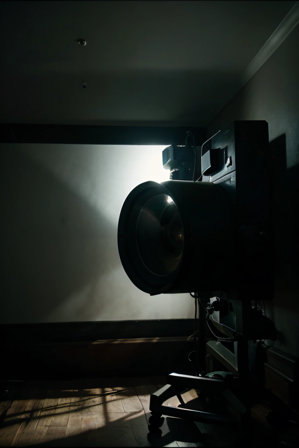 Super 8 projector, projects onto a wall, dark room, over-framing