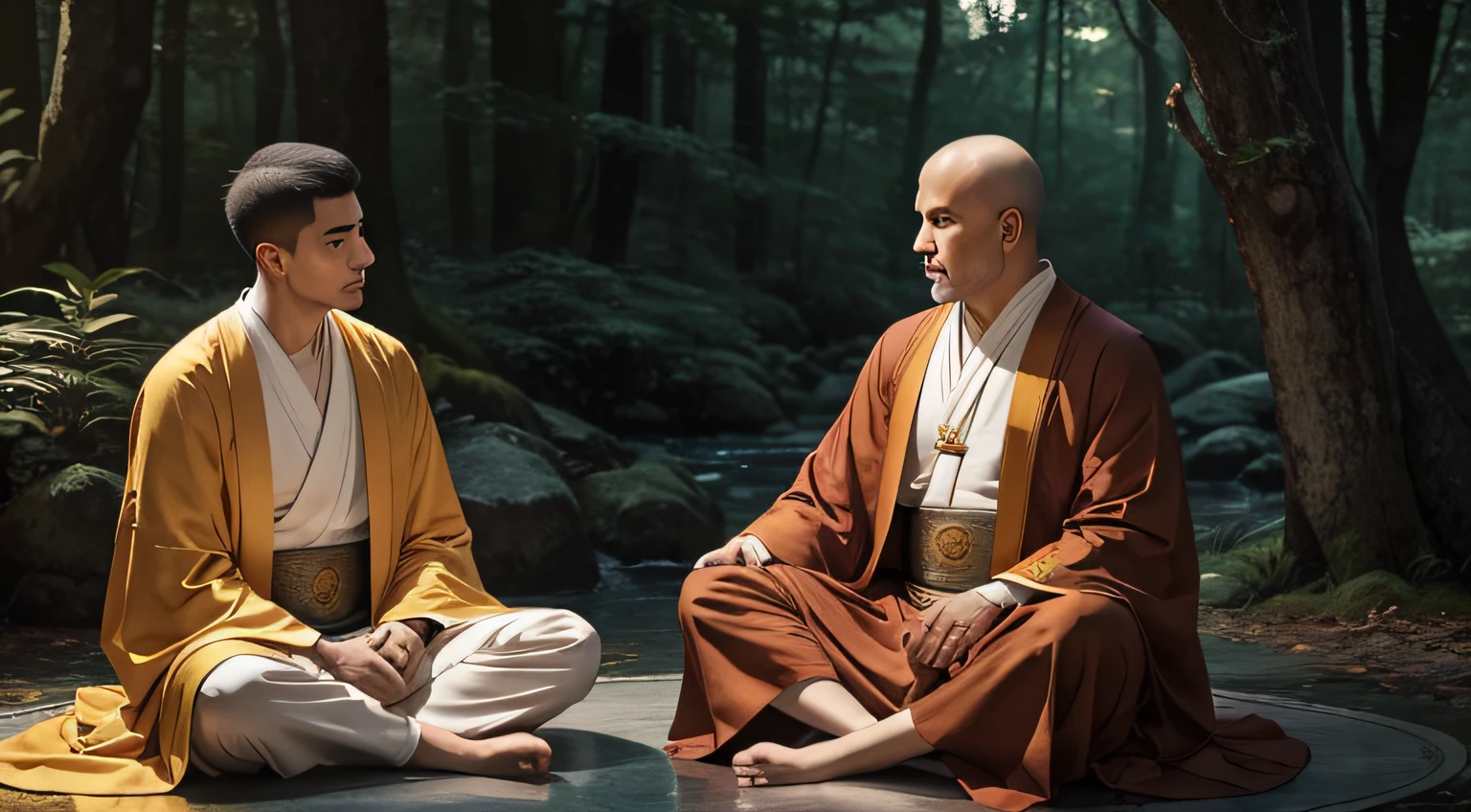 Generate the image of a monk engaged in a peaceful conversation with a king in a tranquil setting. The monk is dressed in traditional robes, irradiando uma aura de sabedoria e serenidade. He and the king are sitting in a calm and serene forest. The forest softly illuminated by soft ambient lighting, creating an atmosphere of harmony and mutual respect. The monk and the king maintain eye contact, and their expressions reflect a meaningful exchange of ideas and wisdom.