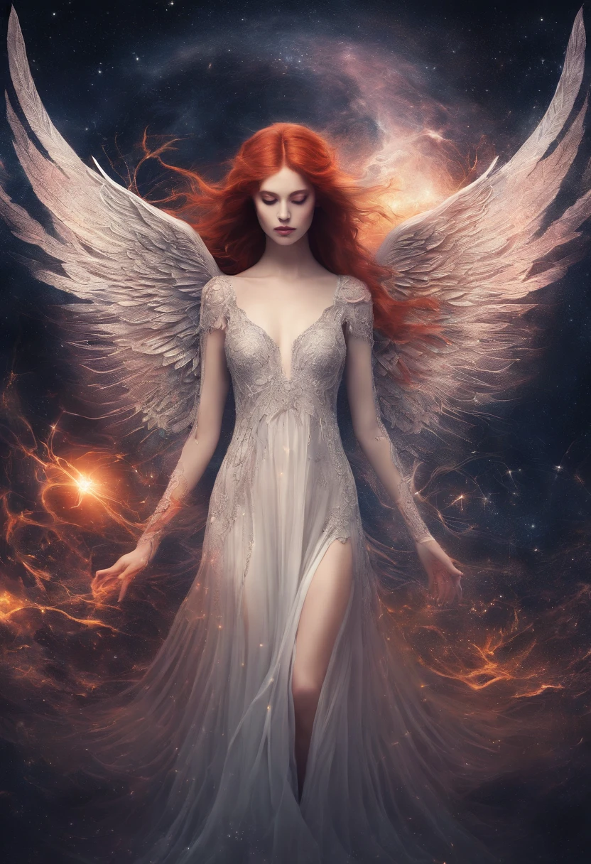 (a cosmic fallen angel:1.1, eerie:0.9, creepy:0.9, nightmarish, very bright colors, light particles, with light glowing, Mshiv, wallpaper art:1.1, UHD wallpaper, bioluminescent, surrealistic, dark background, detailed wings, glowing mystical symbols, ethereal glow, hauntingly beautiful, heavenly aura, delicate body, fiery red hair, delicate ethereal dress, floating in midair, surrounded by stars and galaxies, otherworldly landscape, cosmic energy radiating from the angel, mysterious and captivating, glowing eyes illuminating the darkness, intricate biomechanical details, celestial being, supernatural presence, captivating facial features, celestial light casting shadows)