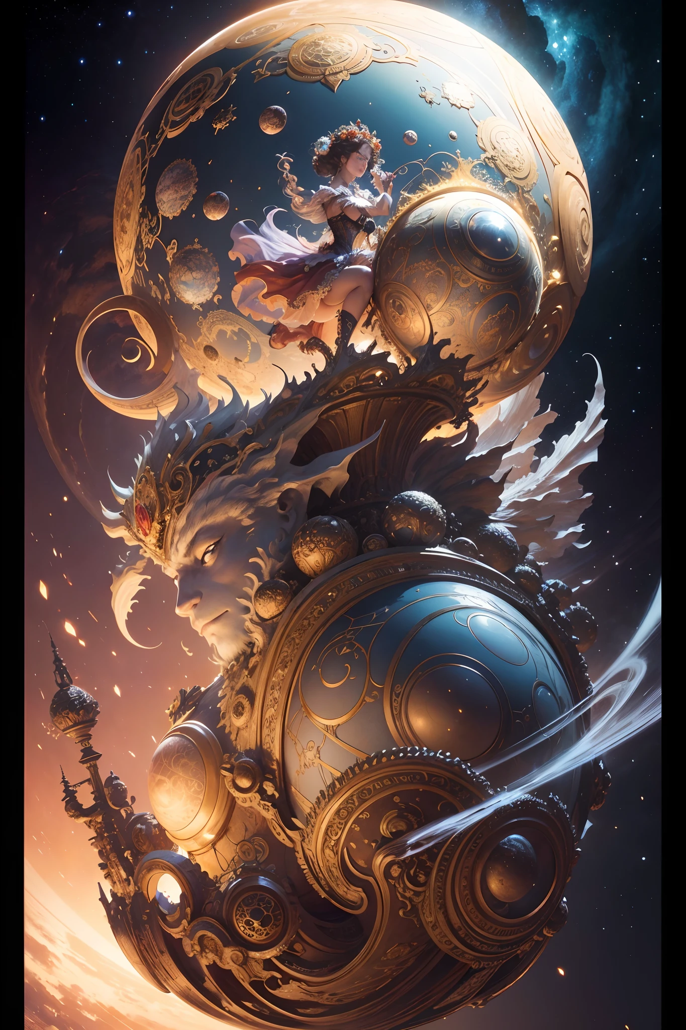 Sphere, Intricate, Rococo, Scenic, Hyperdetailed, Delicate; Royo; bright gassy colors; Regal; Bagshaw, Chevrier, Ferri, Kaluta, Minguez, Mucha, Johansson. Cinematic, 8K, concept, smooth focus, rutkowski, detailed Jupiter, beautiful, Artgerm, Giger, Planets, Space, wide angle