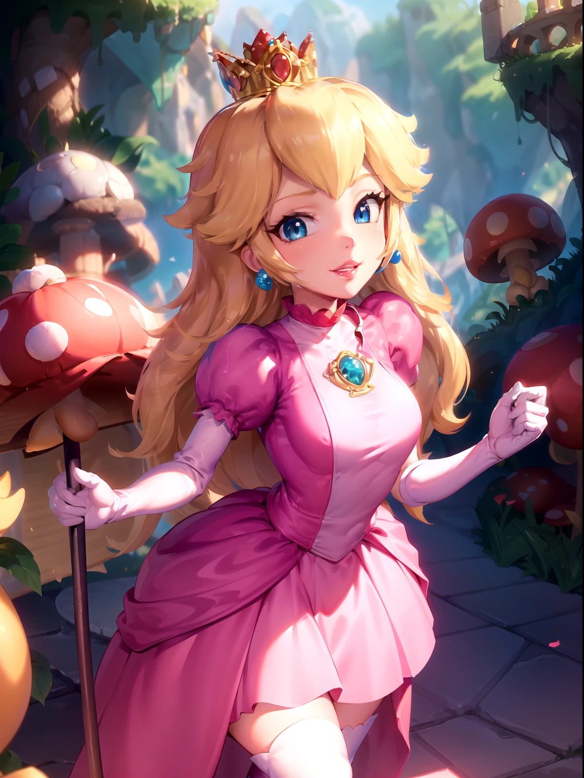 highres,masterpiece,perfect ligthing,bloom,cinematic lightingcowboy shot,smile,(PrincessPeach),(a pink transparent Princess Peach),choker,blue eyes,sensual,mushrooms,mushroom kingdom,pink lips,((glossy lips)),pursed lips,pink pumps,glossy skin,oily skin,beautiful light,(day:1.3),bright,looking at viewer,