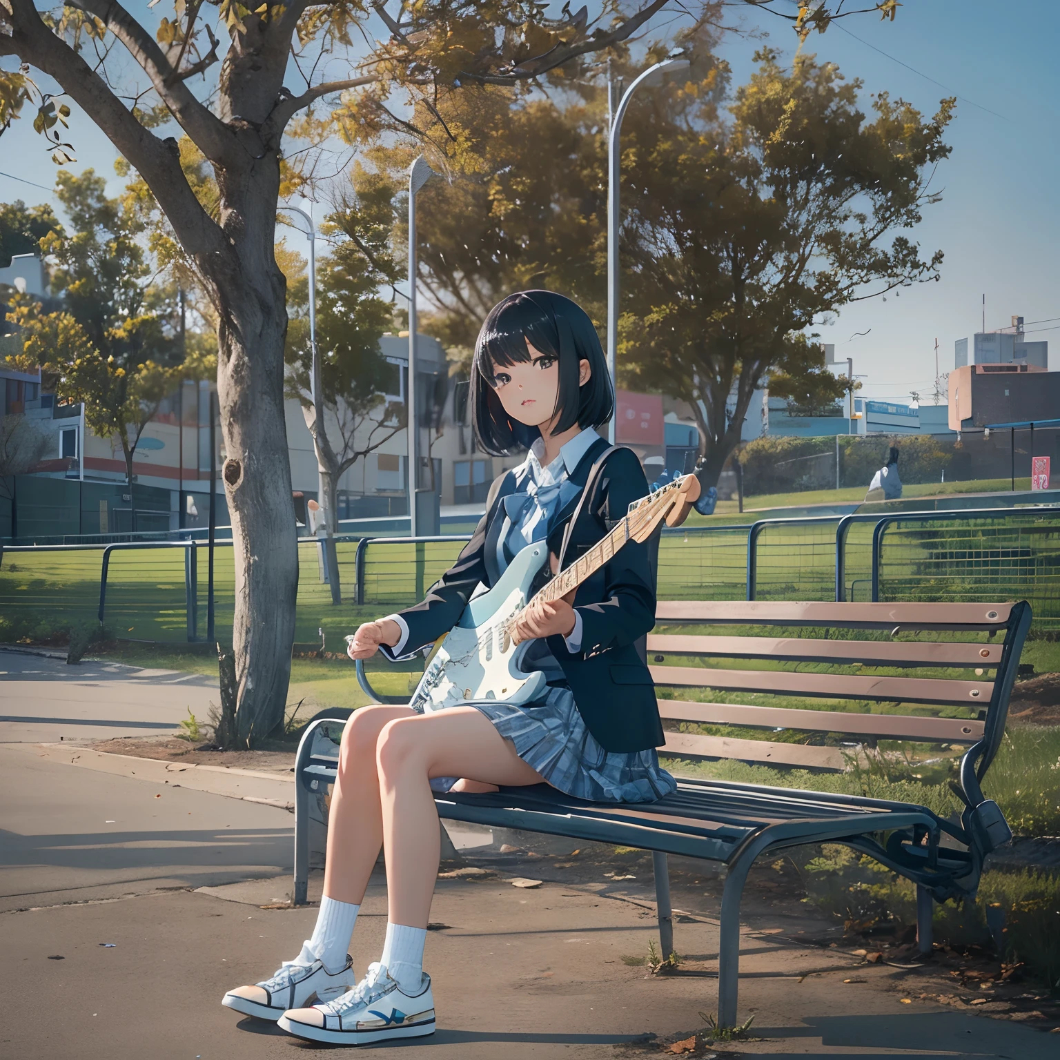 masutepiece, High resolution, Cinematic lighting, Park overlooking the harbor, Alone, High school girl sitting on bench playing electric guitar (Light Blue Fender Stratocaster), Beautiful Girl, Black hair, a short bob, High School Uniform (Dark blue) Blazer and checked skirt), White Converse Basketball Shoes,