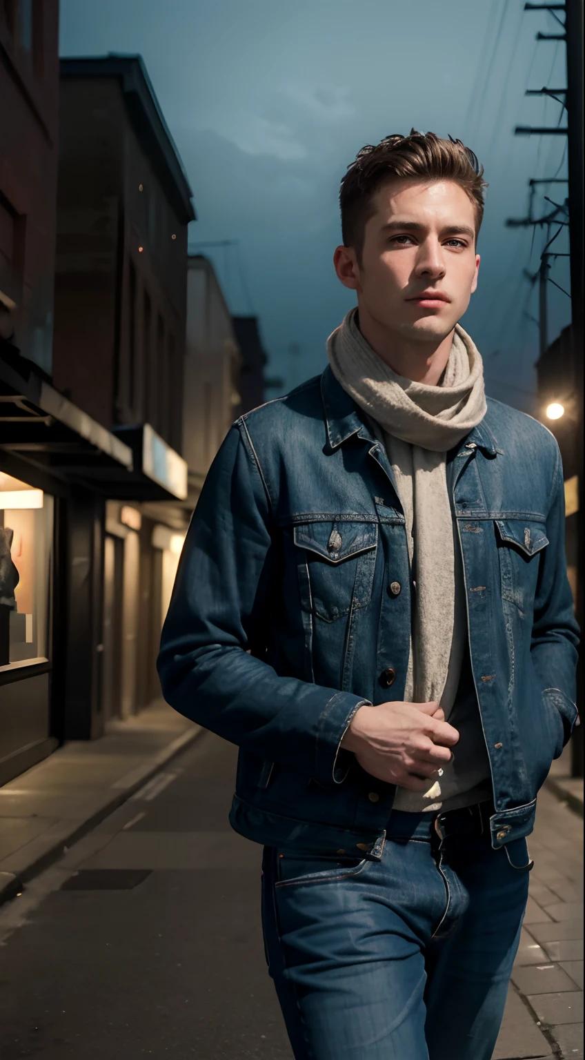 A man with short hair stretched,is walking on the street, wearing a scarf and a denim jacket. The surroundings are dark with minimal lighting, and the background is slightly blurred. (best quality, 4k, highres, masterpiece:1.2), ultra-detailed, (realistic: 1.37), vibrant colors, sharp focus, studio lighting, urban, street photography, moody atmosphere.