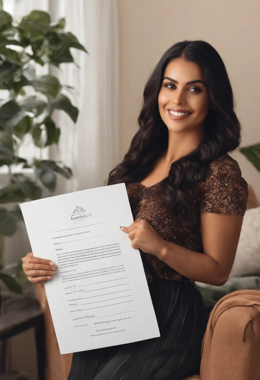 Create a high-quality, ultra-realistic image that looks like an ID card photo in the form of a selfie of a 30-year-old woman standing in her living room. The framing of the image should include the woman from the hips to the head, with the A4 sheet that it holds well in front of the camera. On the sheet of paper she holds in her hand, On the sheet it is written freehand : 'Daniela, daniela_loaiza23 avec le code 429906'. Make sure the writing on the sheet is clear and legible. The woman has long wavy black hair. The ambience of the room is warm and welcoming.