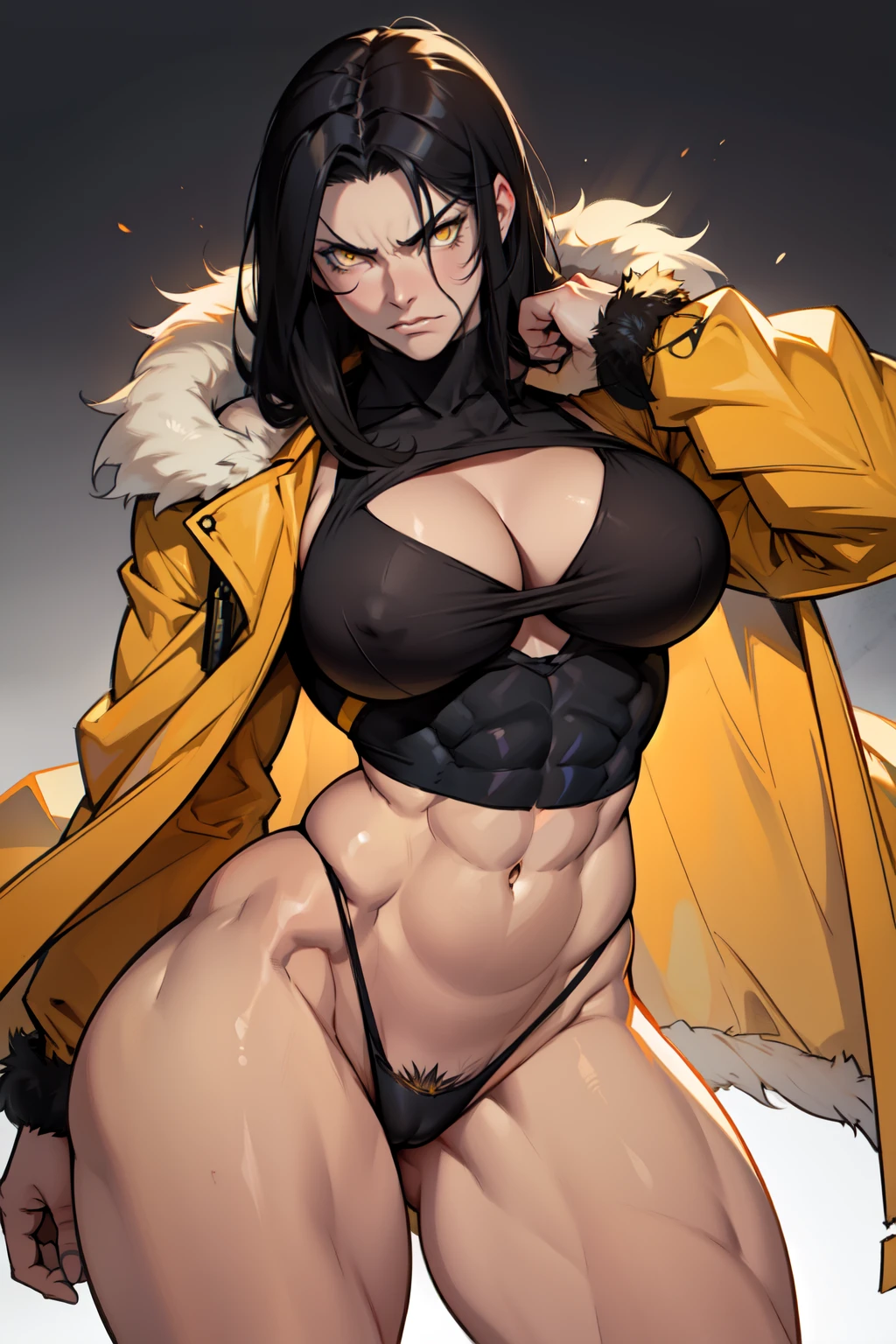 1girl black hair yellow eyes very long hair pale skin angry (((muscular toned body))) thick thighs large breasts curvy wide hips(fur coat) bodybuilder