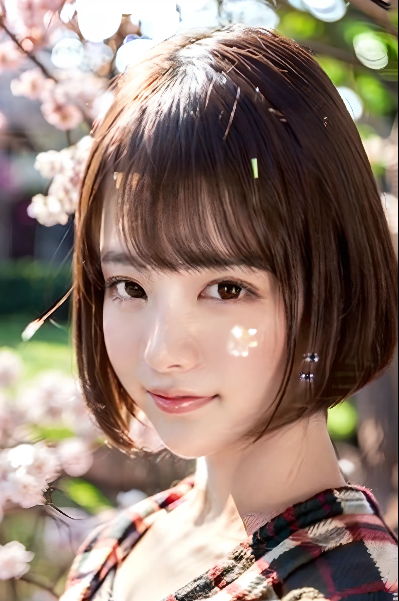 Girl 1 person, 26 years old, Lips, lipstick, plaid skirts, Realistic, Skirt, knitting, Solo, standing, Top quality, Photorealistic, Masterpiece, 8K, high resolution, Solo, (Female))), (Middle breast), (((peeping at the viewer)), (looking at the camera in), (Short hair), (Professional lighting, Bokeh), angle view from above, Highly detailed face, fashionable and trendy atmosphere, Japan, street, park, Cherry blossoms, (((day)), (Portrait: 0.6), Seductive smile, gorgeous floating hair, (Light particles, lens flare glow, Glowing particles: 0.6), (Dynamic pose: 1.2), Soft lighting, Brown hair, full bodyesbian, Thin face, (Small breasts: 1)