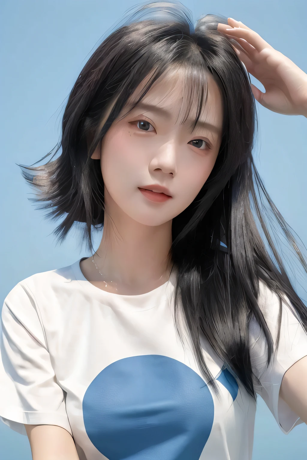 masterpiece, best quality, ((pure blue background)), black hair, floating hair, blush, looking at viewers, white T-shirt, happy, soft, ((front)),upper body, close-up,