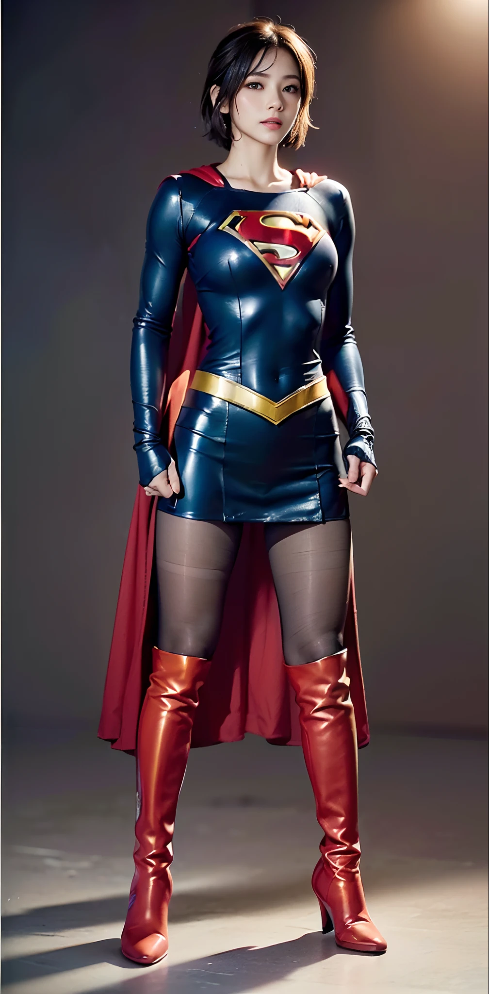 (((Wear black tights on your beautiful legs.)))、(((Grow legs、tall、beauty legs)))、(((facial expression of smile)))、((((Make the most of the original image)))、(((Supergirl Costume)))、(((shiny short hair)))、(((Suffering)))、(((Feet must necessarily be worn with black tights)))、(((You need to wear red boots)))、((Top image quality、8K))、((top-quality、8K、masterpiece:1.3))、(((Keep your background simple)))、Crisp focus:1.2、Beautiful woman with perfect body shape:1.4、Slender Abs:1.2、a wet body:1.5、Highly detailed facial and skin texture、